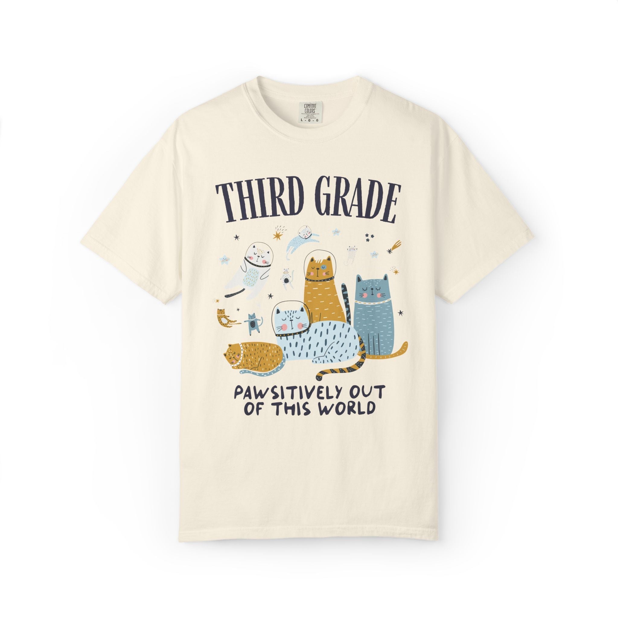 Third Grade Teacher Space Cat Tee Shirt with Astronaut Kittens and Stars: Pawsitively Out of This World Teacher Team T-Shirt for Cat Lover - Opal and June