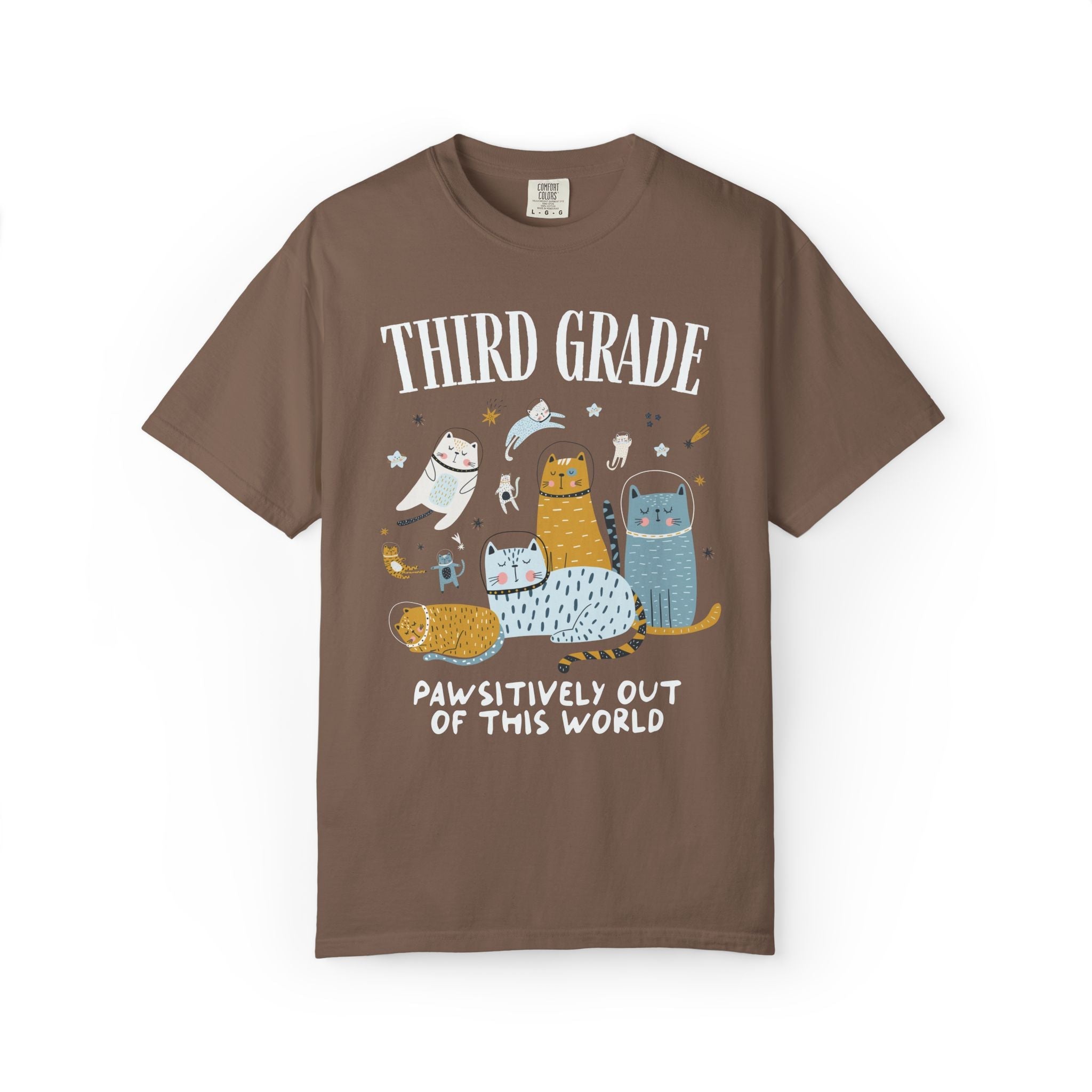 Third Grade Teacher Space Cat Tee Shirt with Astronaut Kittens and Stars: Pawsitively Out of This World Teacher Team T-Shirt for Cat Lover - Opal and June