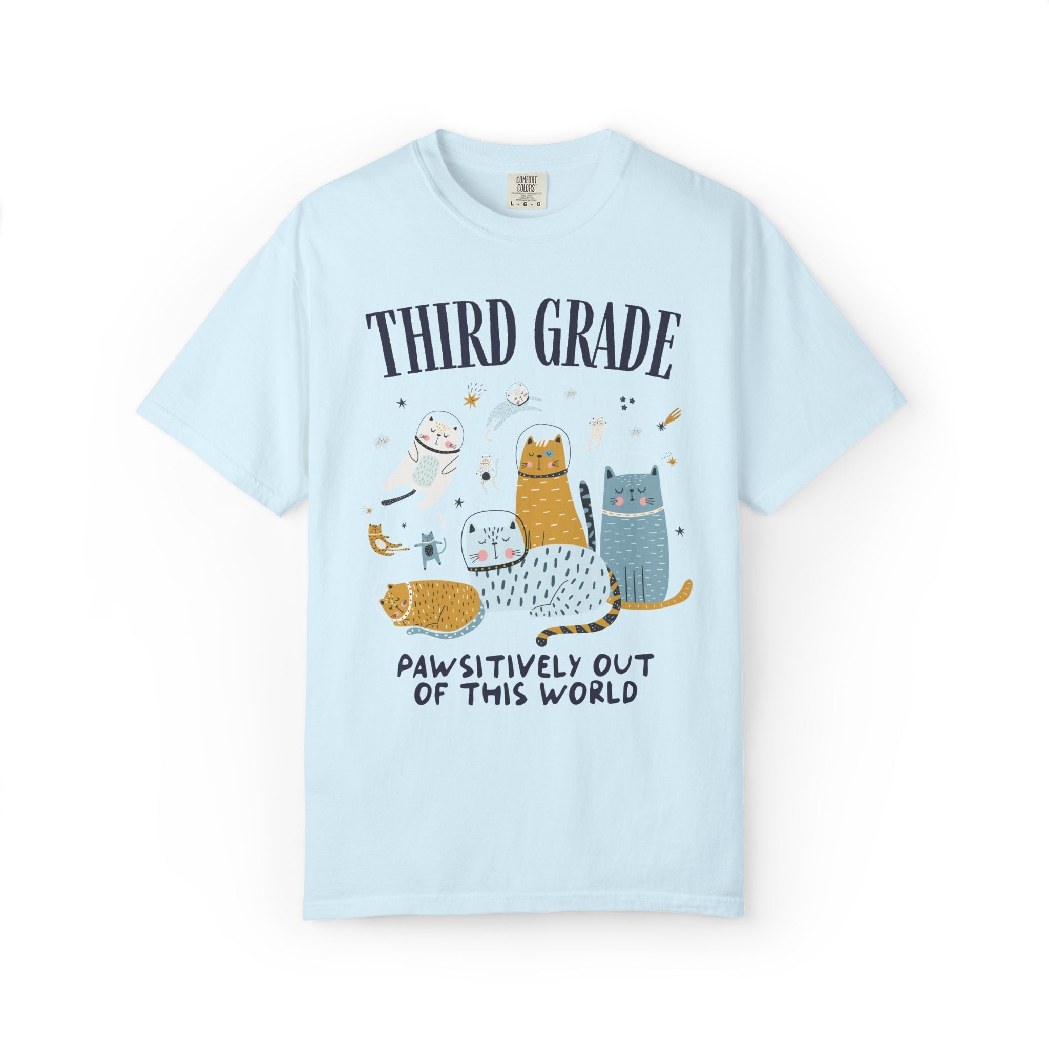 Third Grade Teacher Space Cat Tee Shirt with Astronaut Kittens and Stars: Pawsitively Out of This World Teacher Team T-Shirt for Cat Lover - Opal and June