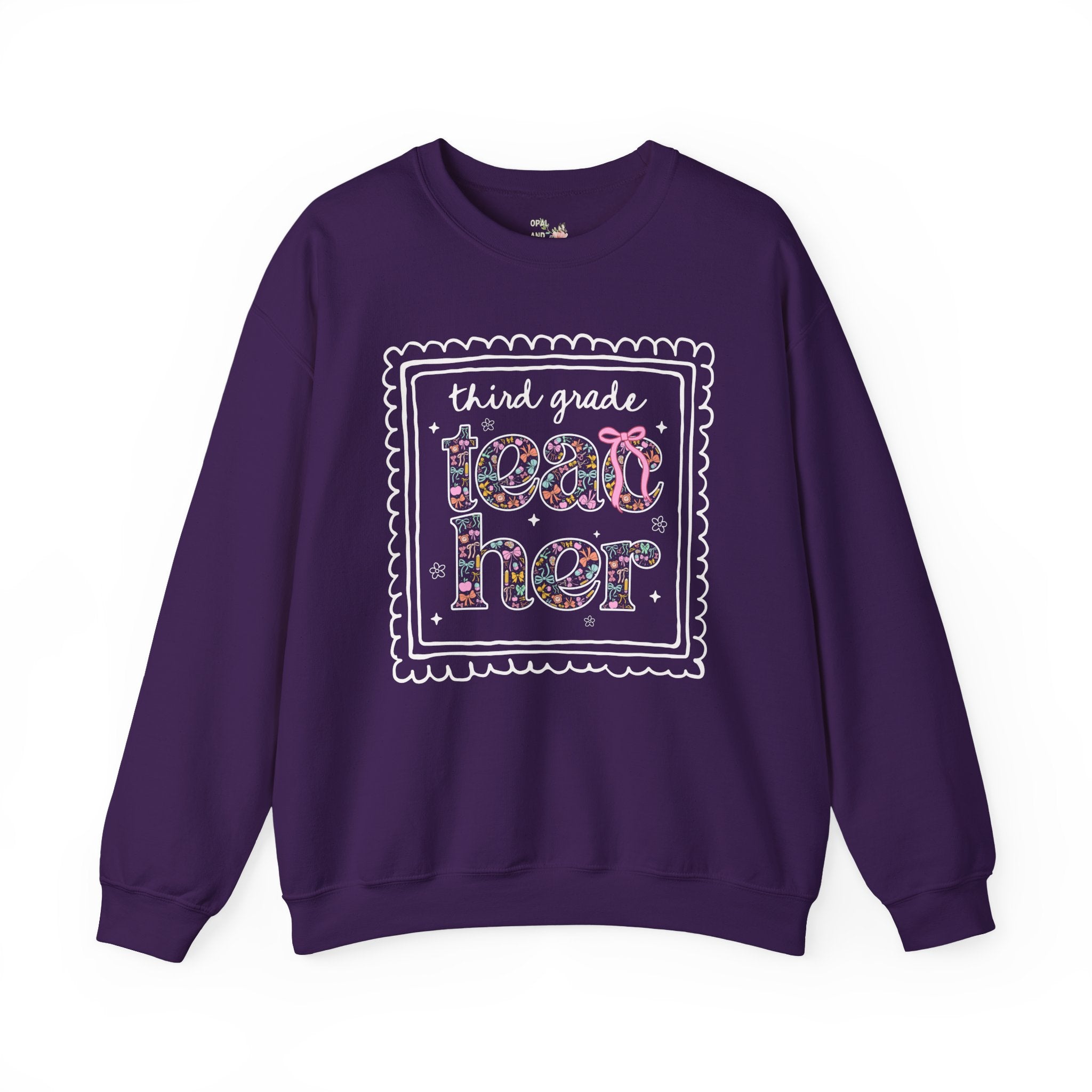 Third Grade Teacher Sweatshirt for Back to School, Cute Floral Matching Third Grade Crew Crewneck with Bow, Cute Nineties Aesthetic Doodles - Opal and June