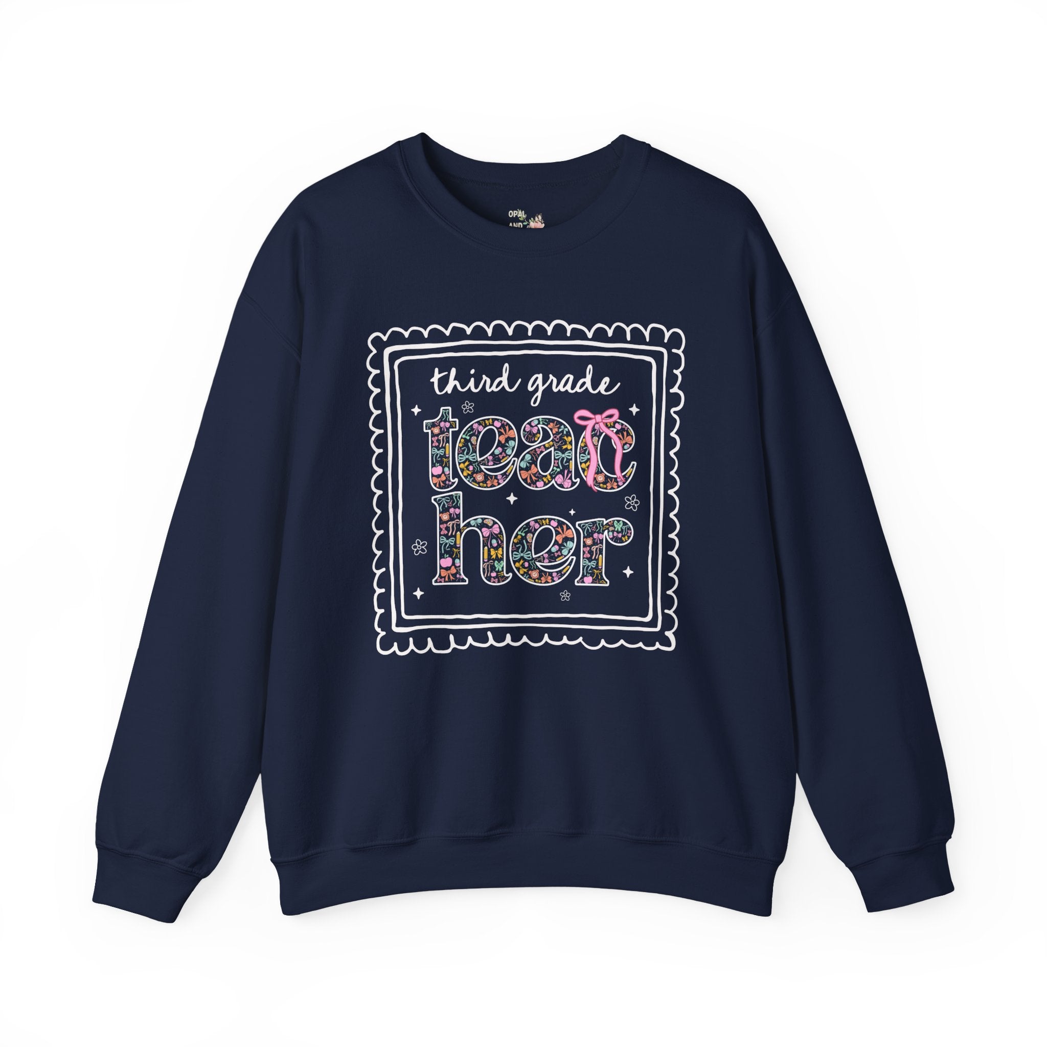 Third Grade Teacher Sweatshirt for Back to School, Cute Floral Matching Third Grade Crew Crewneck with Bow, Cute Nineties Aesthetic Doodles - Opal and June