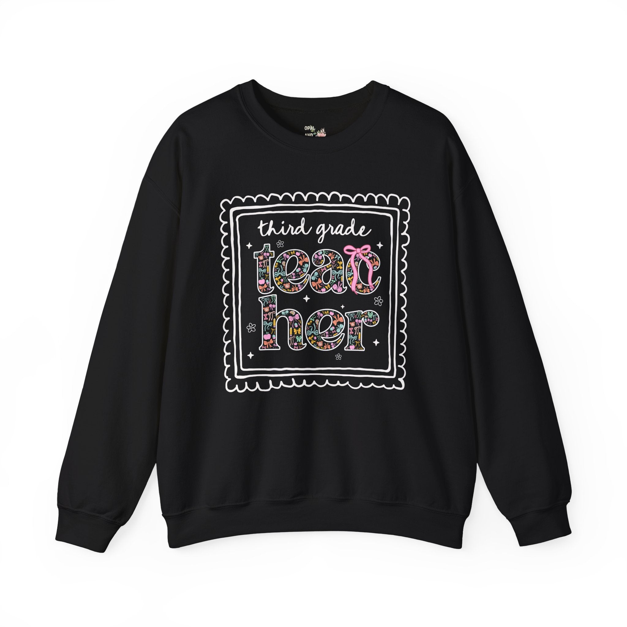 Third Grade Teacher Sweatshirt for Back to School, Cute Floral Matching Third Grade Crew Crewneck with Bow, Cute Nineties Aesthetic Doodles - Opal and June