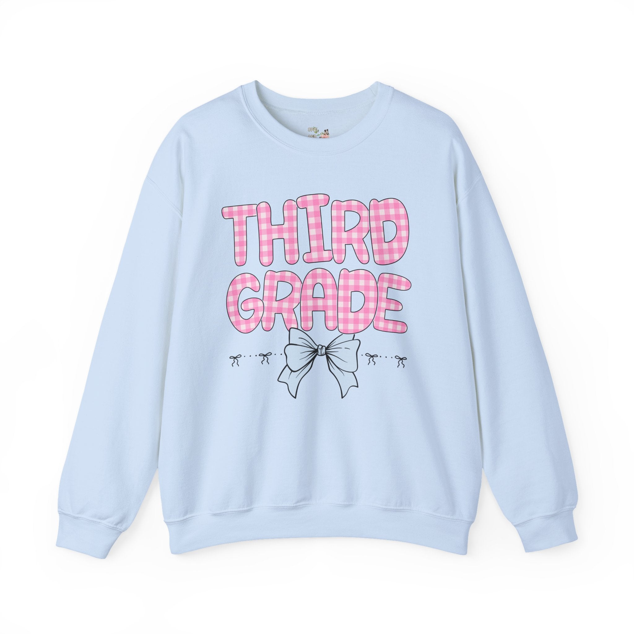 Third Grade Teacher Sweatshirt, Pink Gingham Letters, First Day of School, Back to School Matching Teacher Shirt with Bow, Soft Girl Style - Opal and June