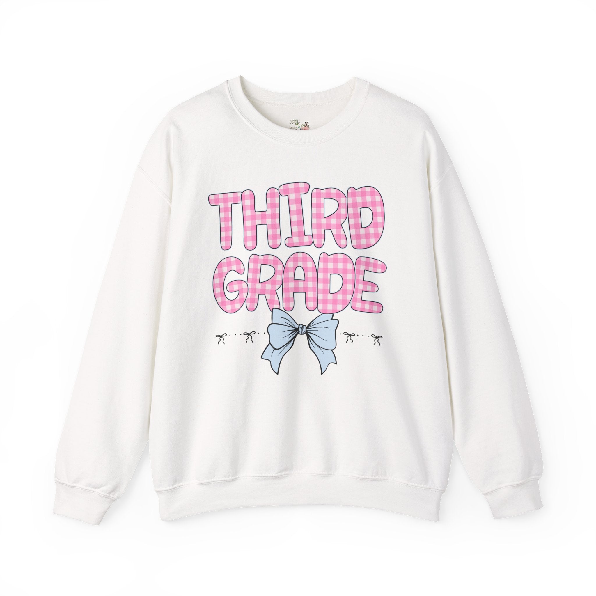 Third Grade Teacher Sweatshirt, Pink Gingham Letters, First Day of School, Back to School Matching Teacher Shirt with Bow, Soft Girl Style - Opal and June