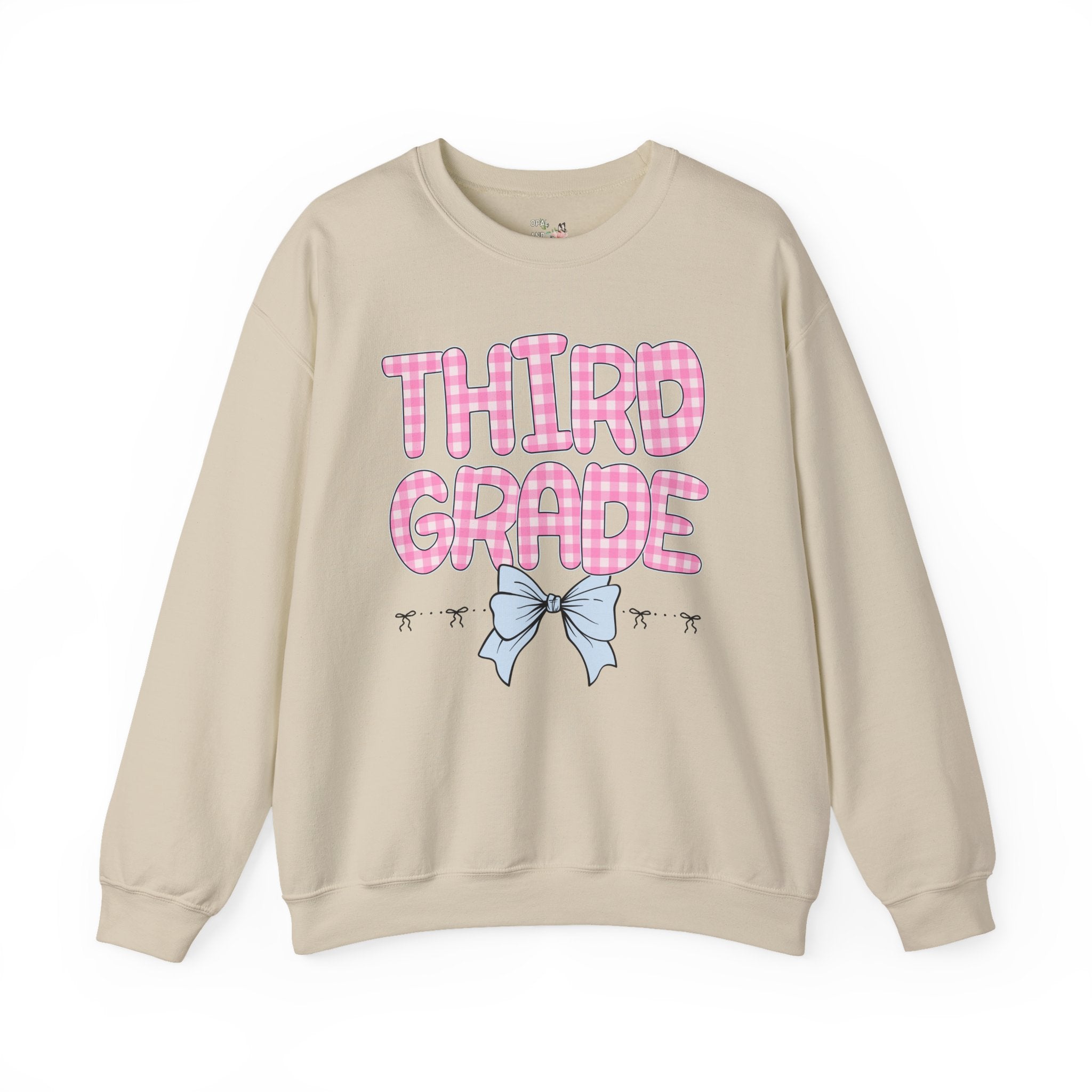Third Grade Teacher Sweatshirt, Pink Gingham Letters, First Day of School, Back to School Matching Teacher Shirt with Bow, Soft Girl Style - Opal and June