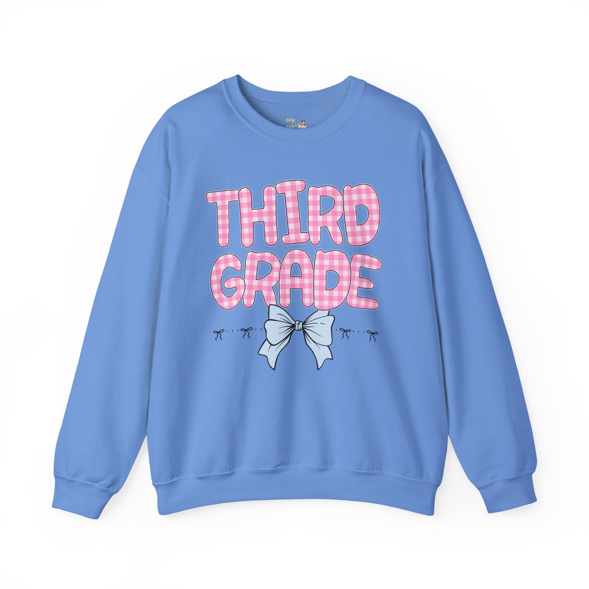 Third Grade Teacher Sweatshirt, Pink Gingham Letters, First Day of School, Back to School Matching Teacher Shirt with Bow, Soft Girl Style - Opal and June