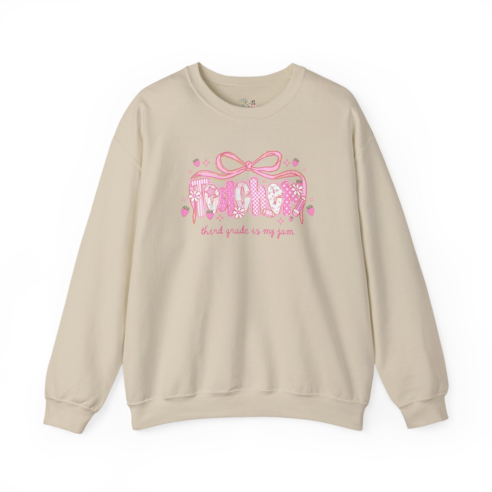 Third Grade Teacher Sweatshirt, Third Grade Squad or Crew, Floral Boho Strawberry Crewneck with Messy Coquette Bow, Fruit Lover Teacher - Opal and June