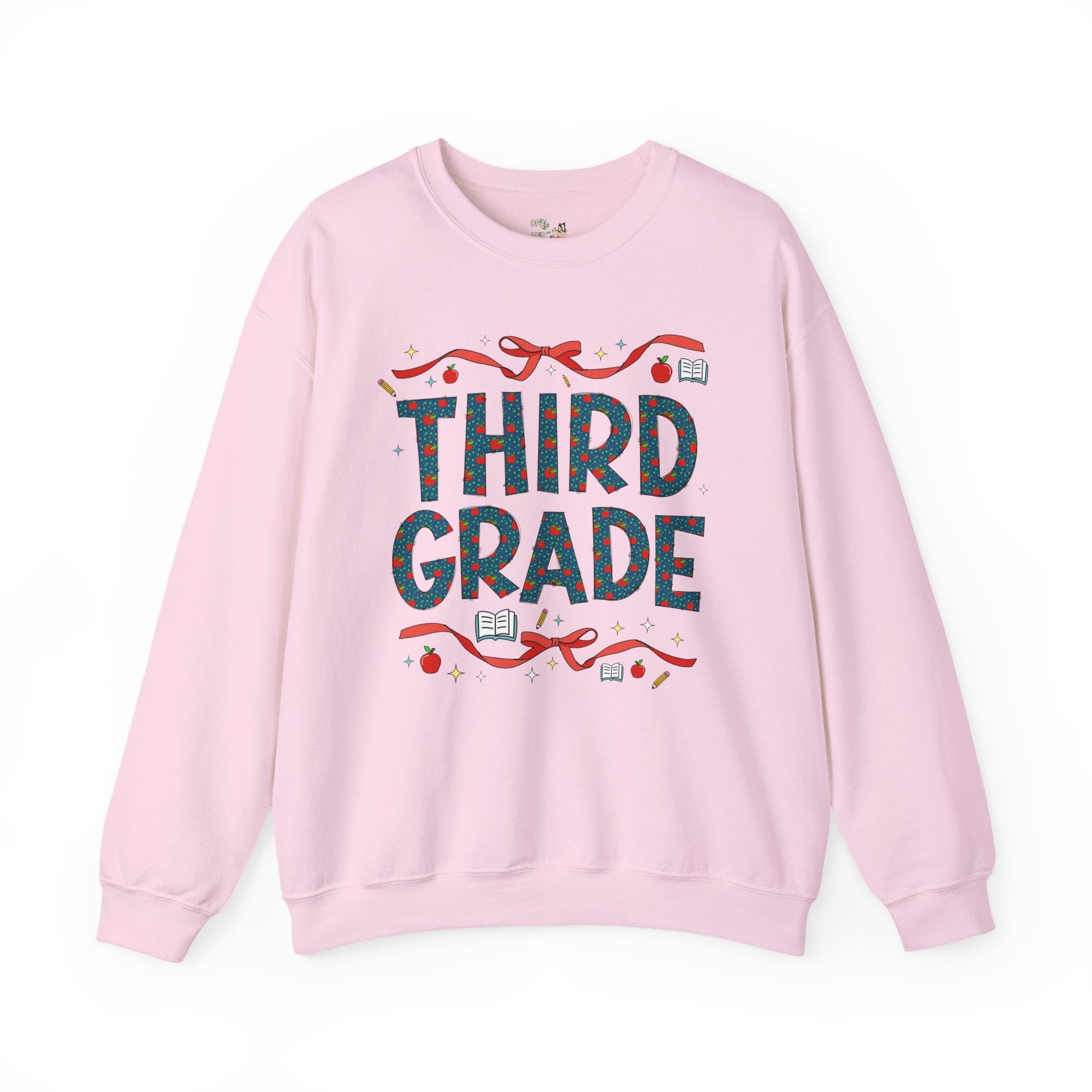 Third Grade Teacher Sweatshirt with Cute Bows and Retro Apples, Teacher Team Crewneck for Back to School, First Day of School Matching Tee - Opal and June