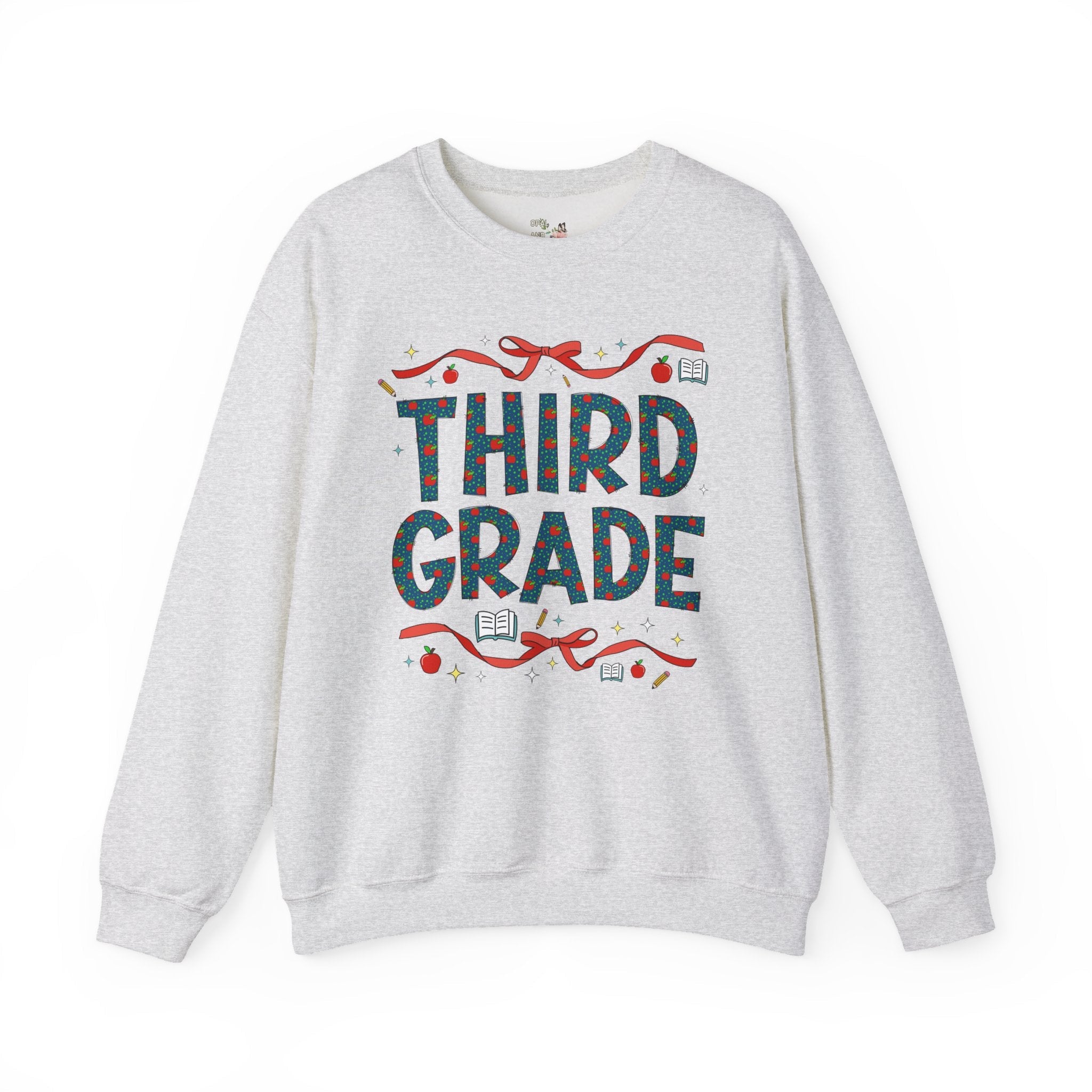 Third Grade Teacher Sweatshirt with Cute Bows and Retro Apples, Teacher Team Crewneck for Back to School, First Day of School Matching Tee - Opal and June
