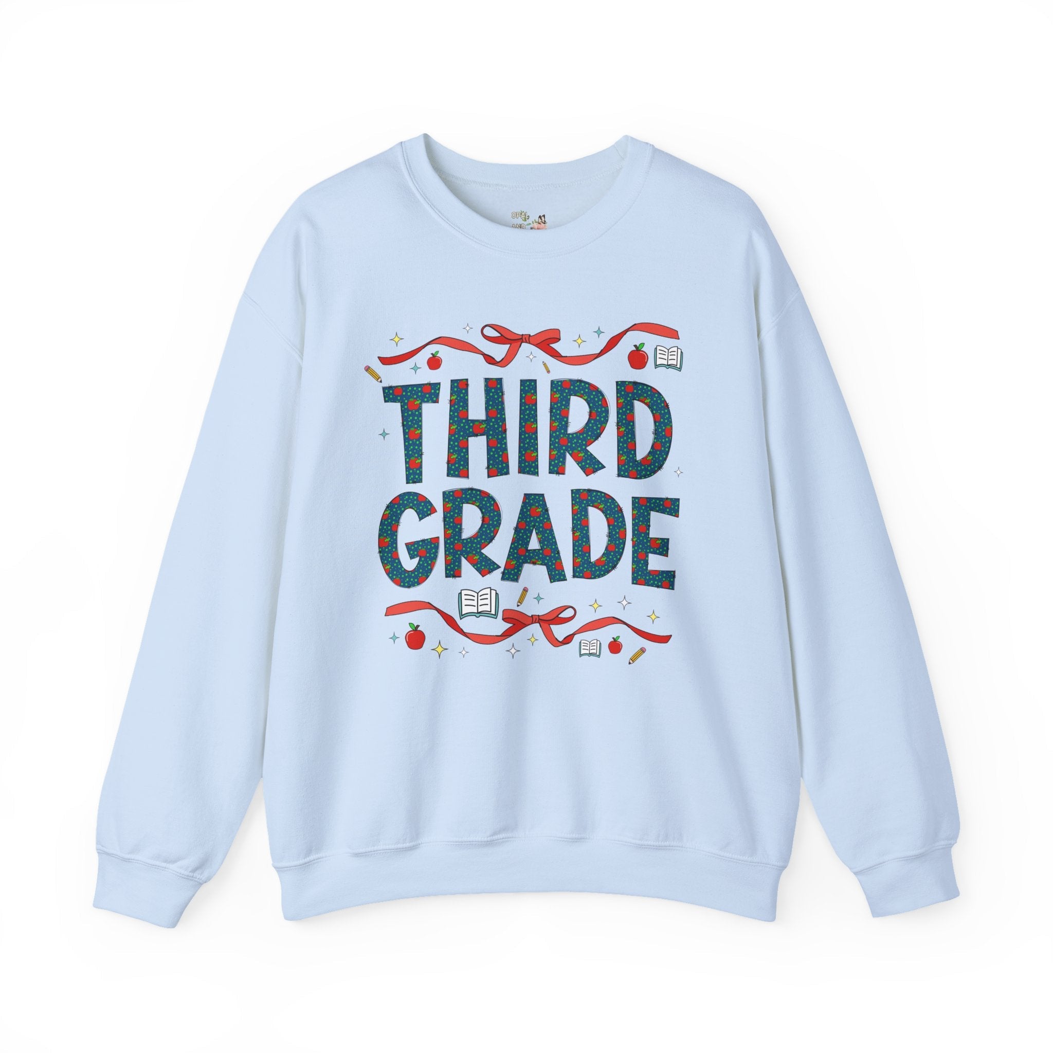 Third Grade Teacher Sweatshirt with Cute Bows and Retro Apples, Teacher Team Crewneck for Back to School, First Day of School Matching Tee - Opal and June