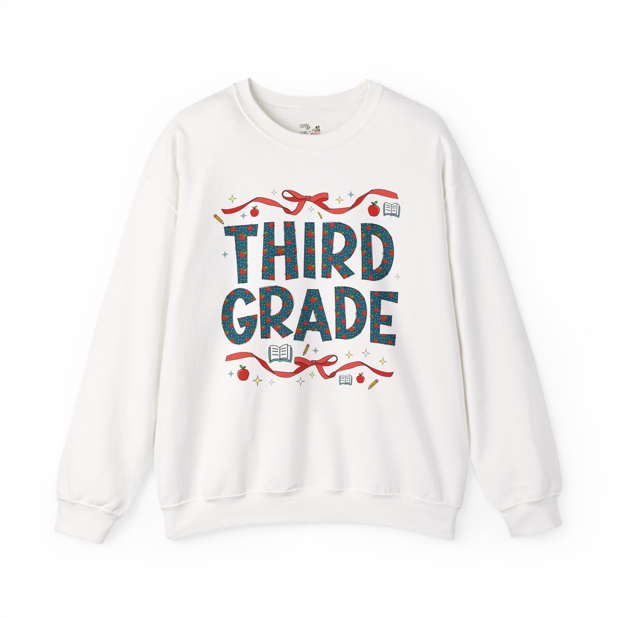 Third Grade Teacher Sweatshirt with Cute Bows and Retro Apples, Teacher Team Crewneck for Back to School, First Day of School Matching Tee - Opal and June