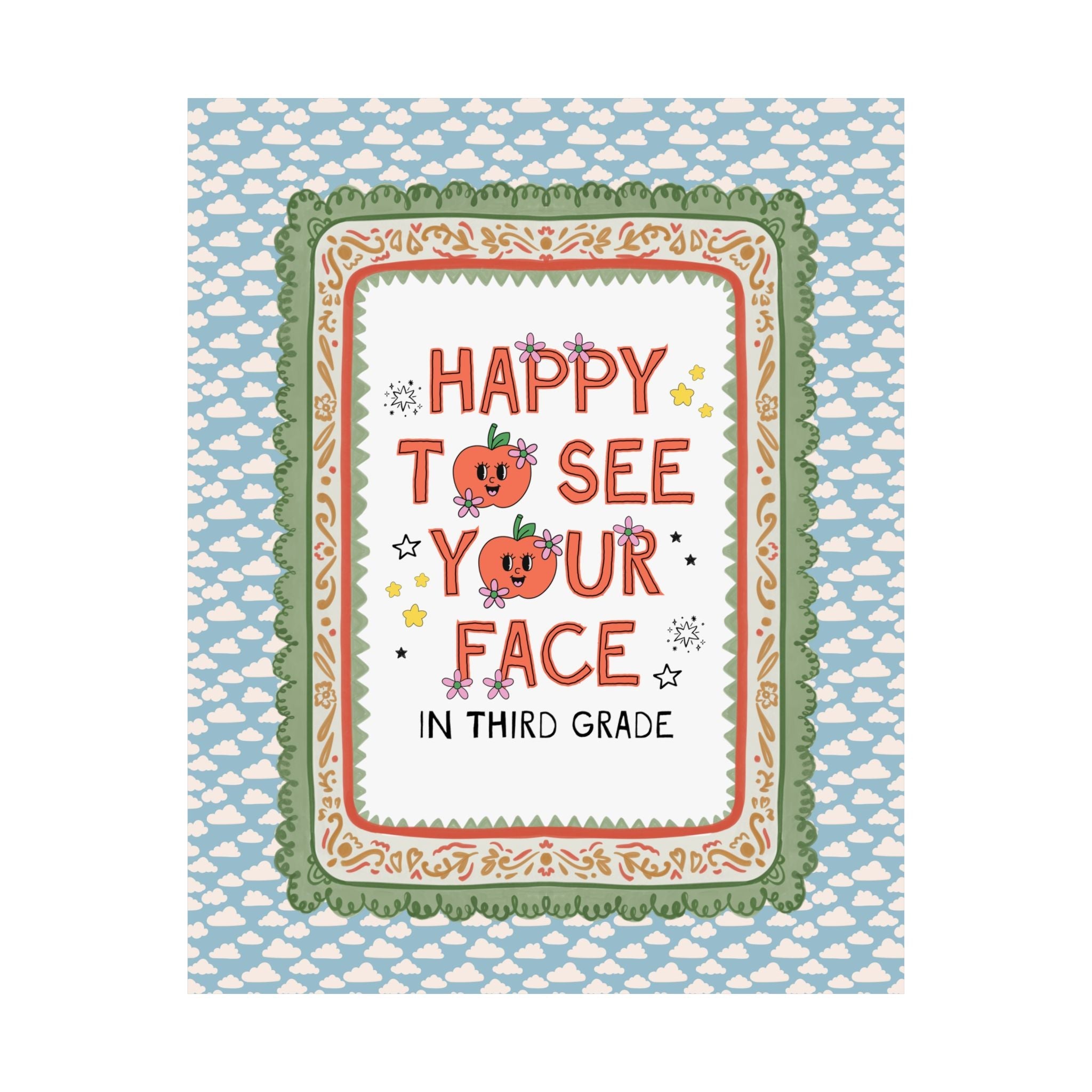 Third Grade Teacher Team Poster: Happy to See Your Face | Cute Classroom Print with Retro Apples and Flowers, First Day of School Gift - Opal and June