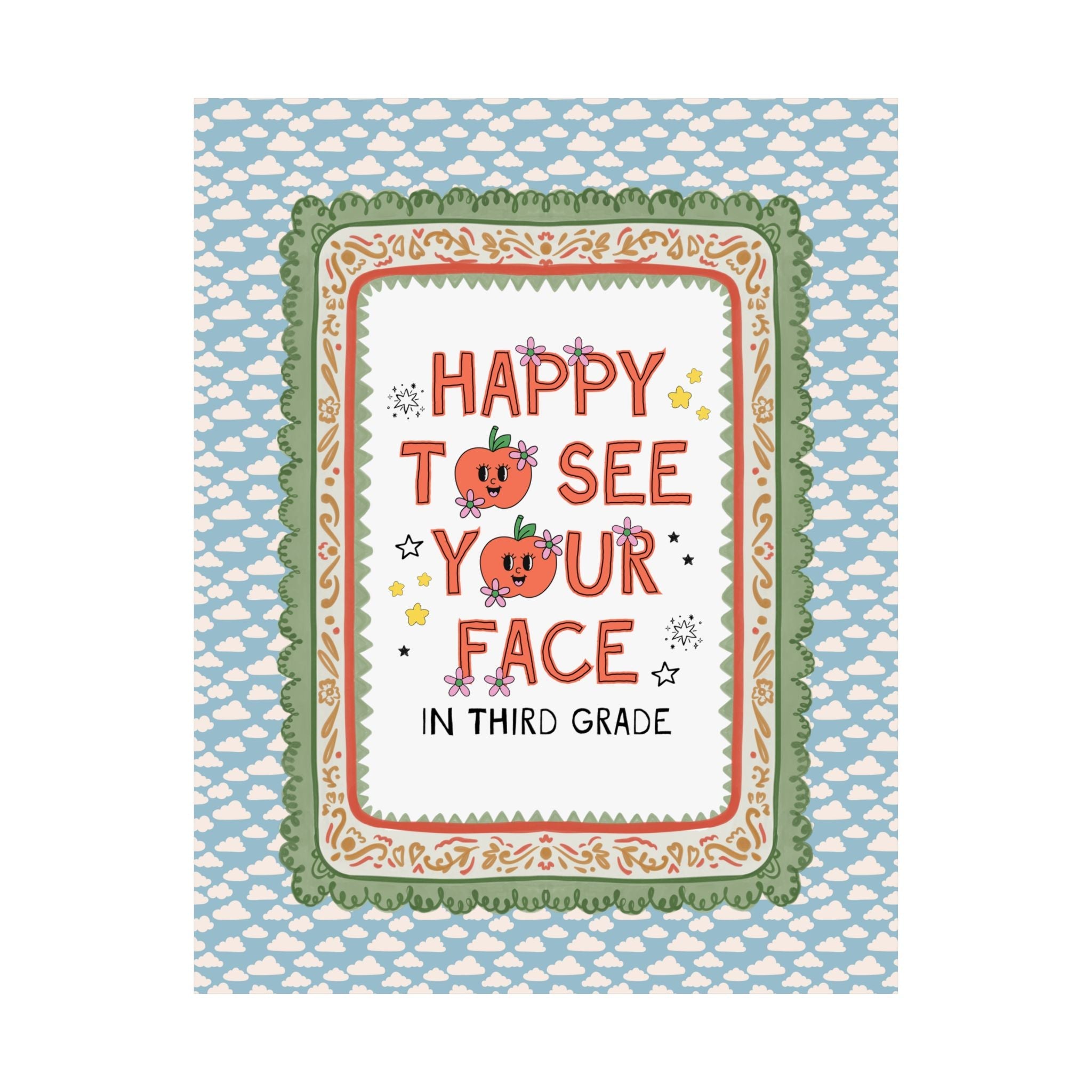 Third Grade Teacher Team Poster: Happy to See Your Face | Cute Classroom Print with Retro Apples and Flowers, First Day of School Gift - Opal and June