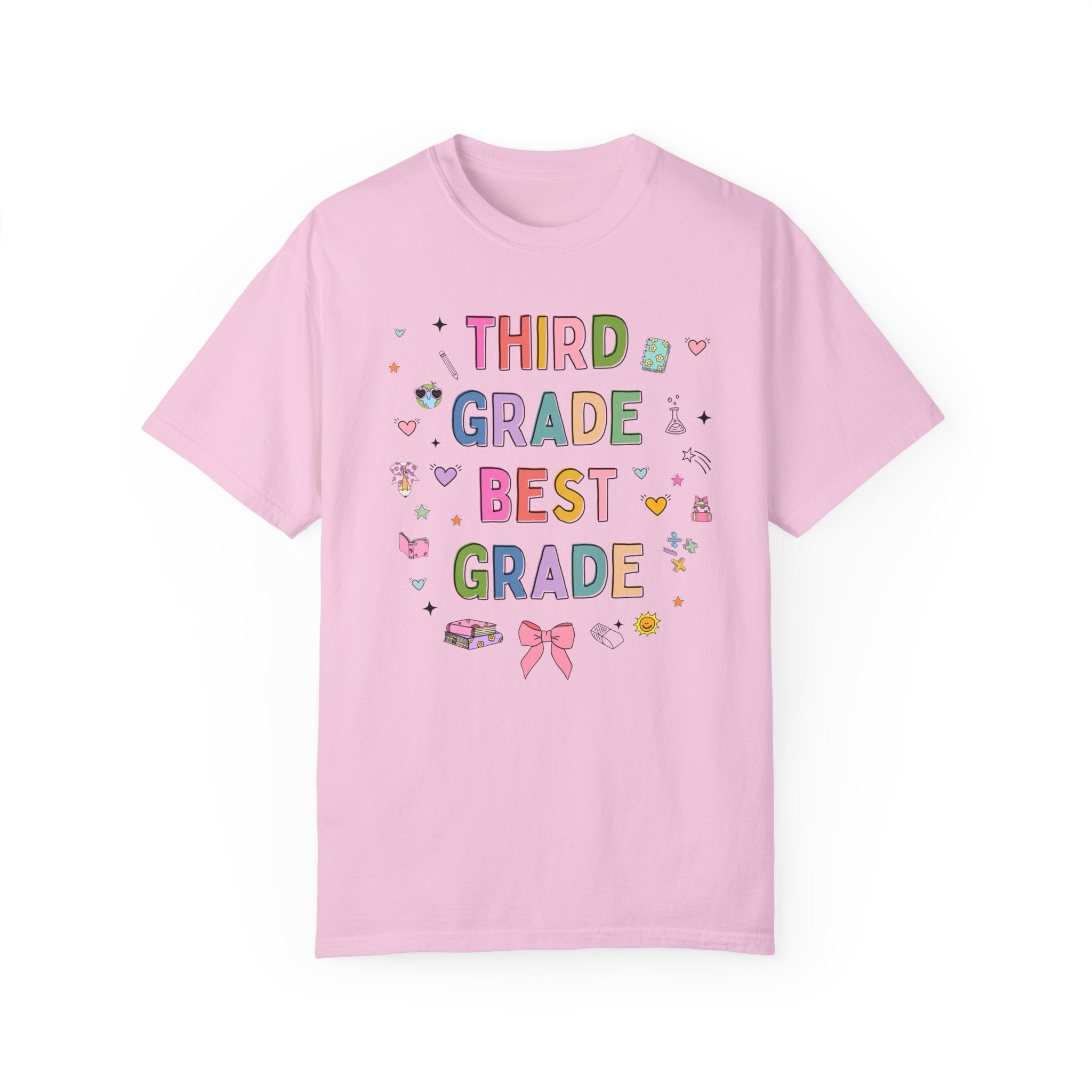 Third Grade Teacher Tee Shirt with Cute 90s Aesthetic Doodles, Colorful Matching Teacher T-Shirt for Third Grade Crew, New Teacher Present - Opal and June