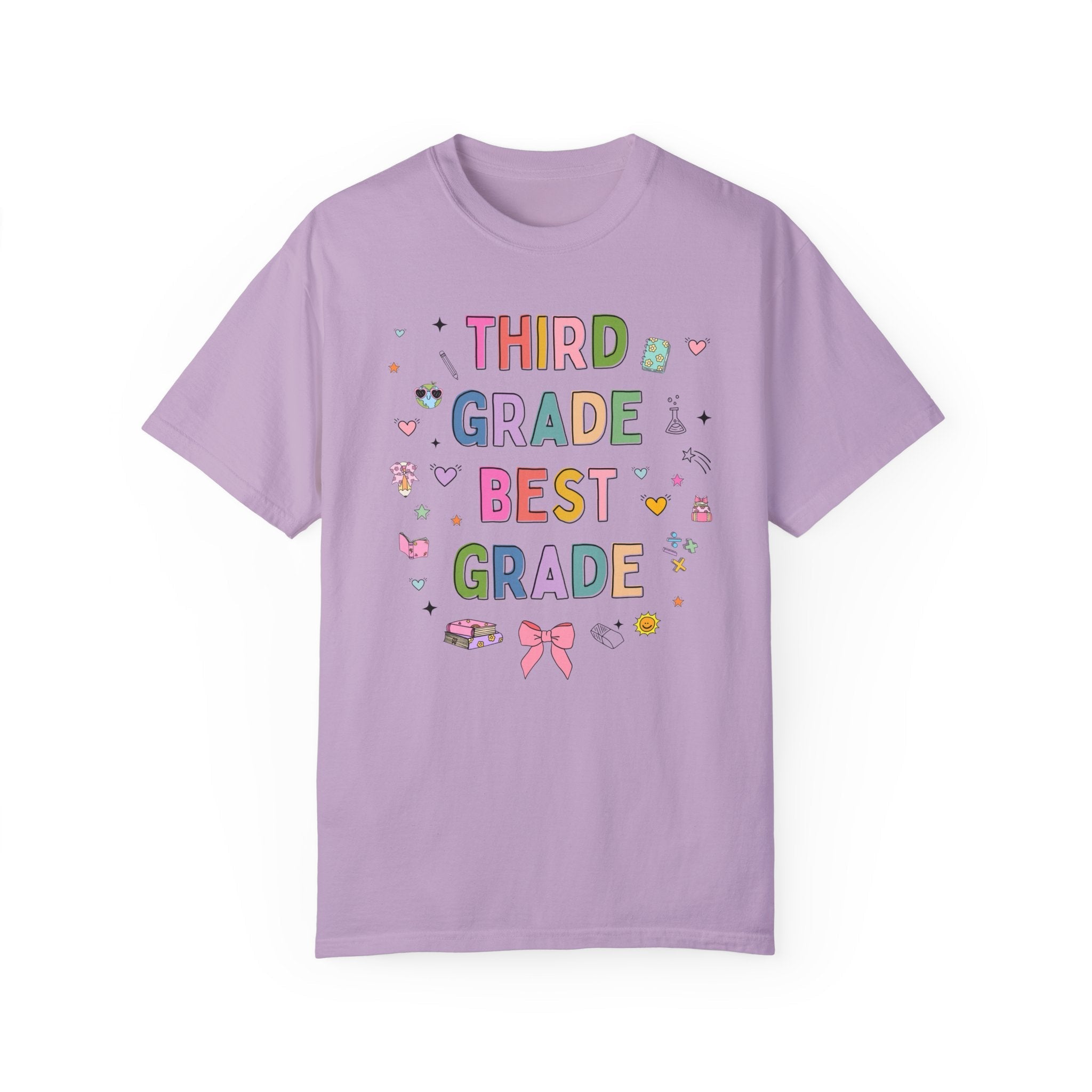 Third Grade Teacher Tee Shirt with Cute 90s Aesthetic Doodles, Colorful Matching Teacher T-Shirt for Third Grade Crew, New Teacher Present - Opal and June