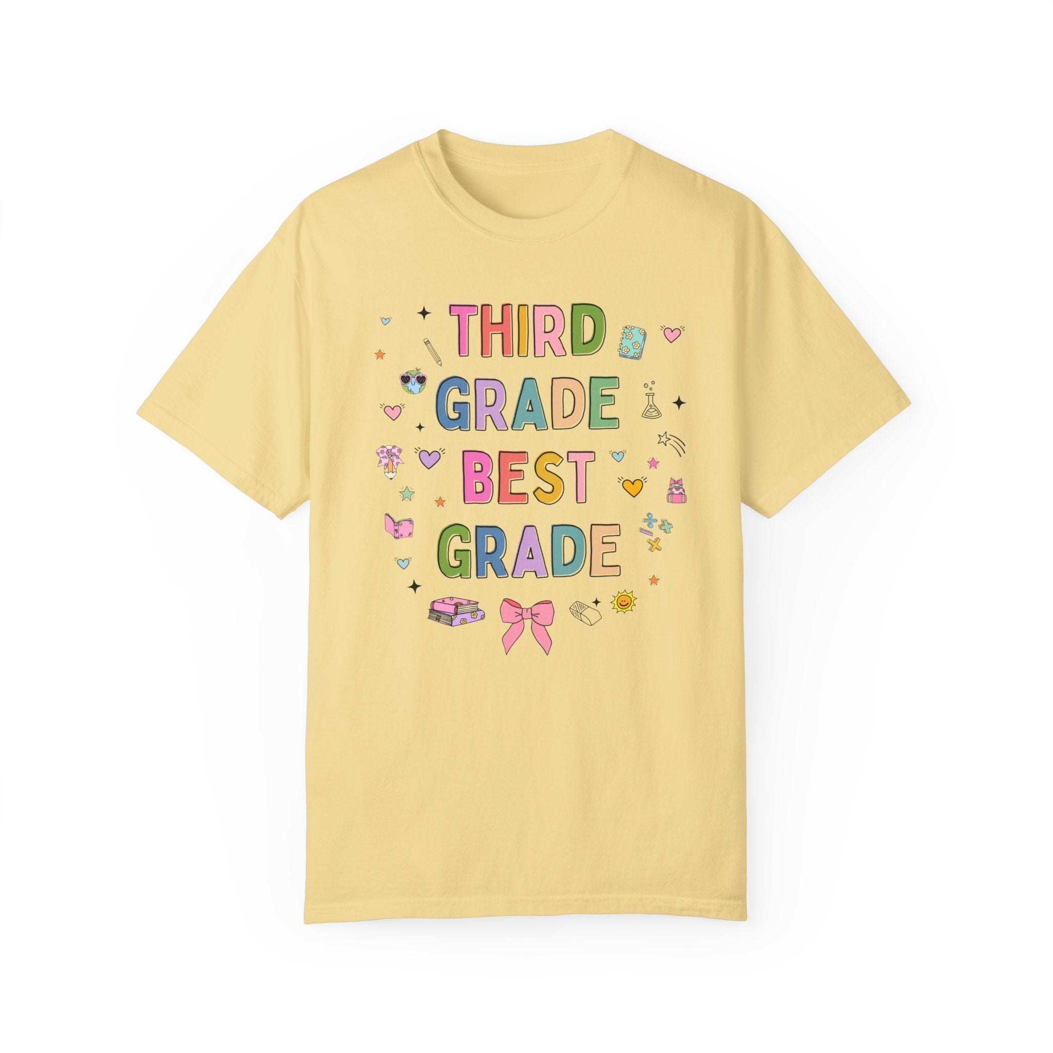 Third Grade Teacher Tee Shirt with Cute 90s Aesthetic Doodles, Colorful Matching Teacher T-Shirt for Third Grade Crew, New Teacher Present - Opal and June