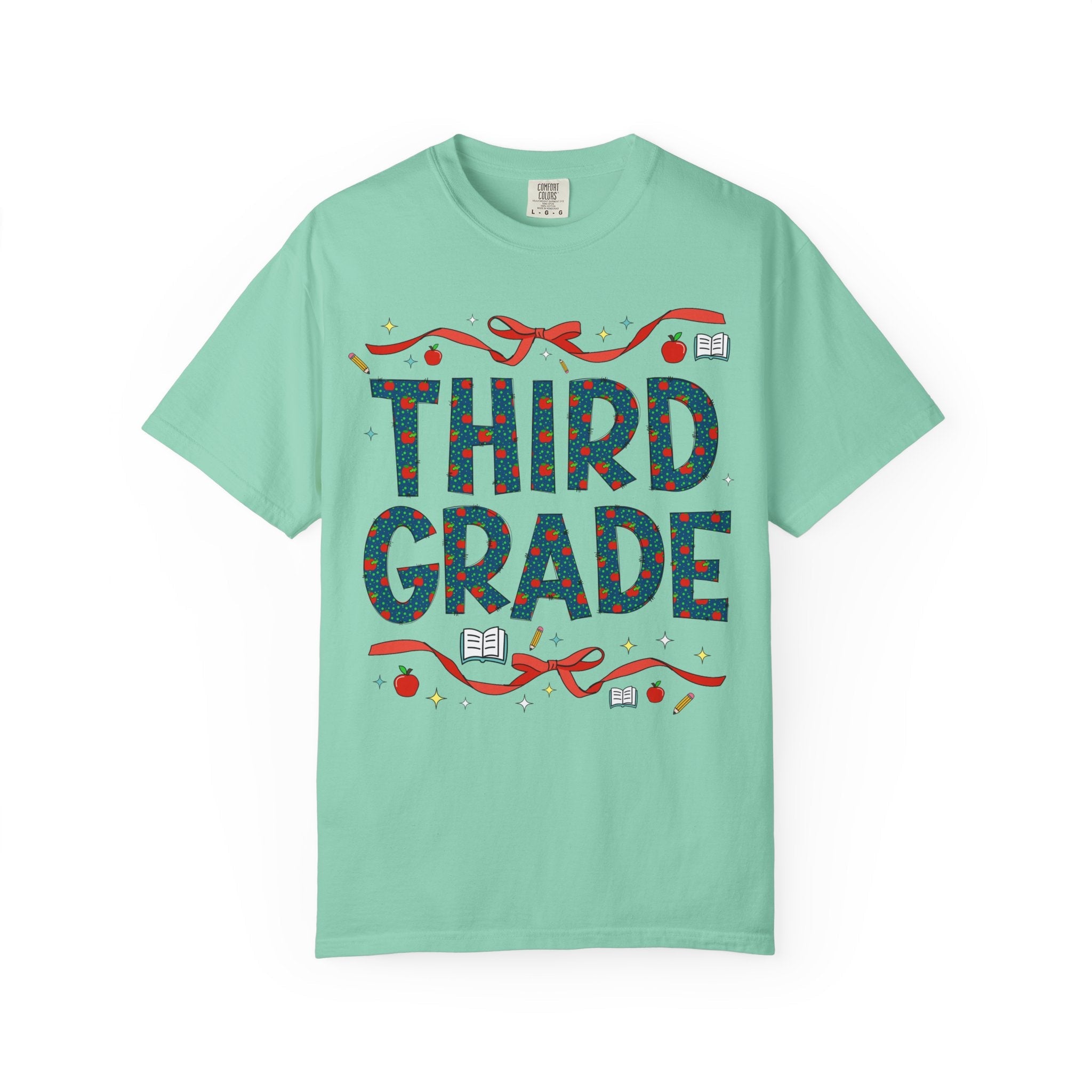Third Grade Teacher Tee Shirt with Cute Bows and Retro Apples, Teacher Team T-Shirt for Back to School, First Day of School Matching Tee - Opal and June