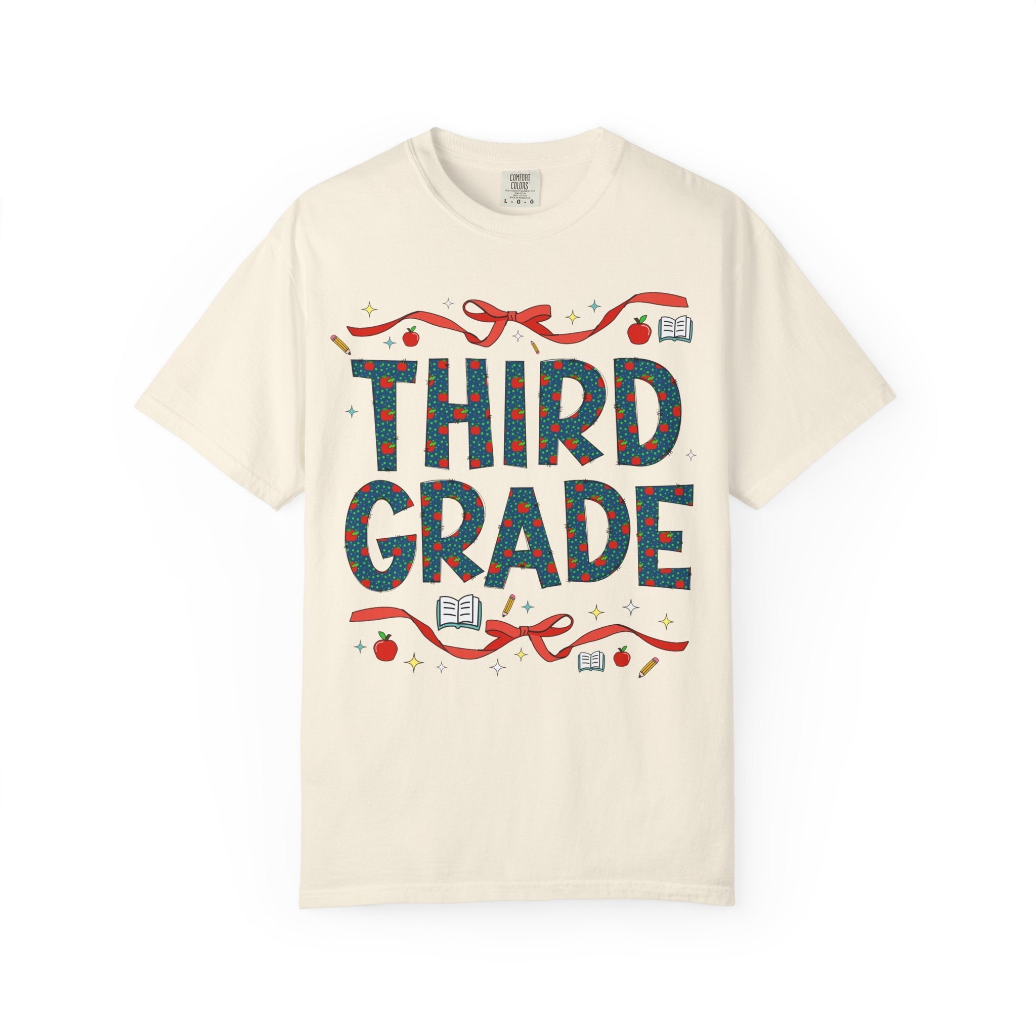 Third Grade Teacher Tee Shirt with Cute Bows and Retro Apples, Teacher Team T-Shirt for Back to School, First Day of School Matching Tee - Opal and June