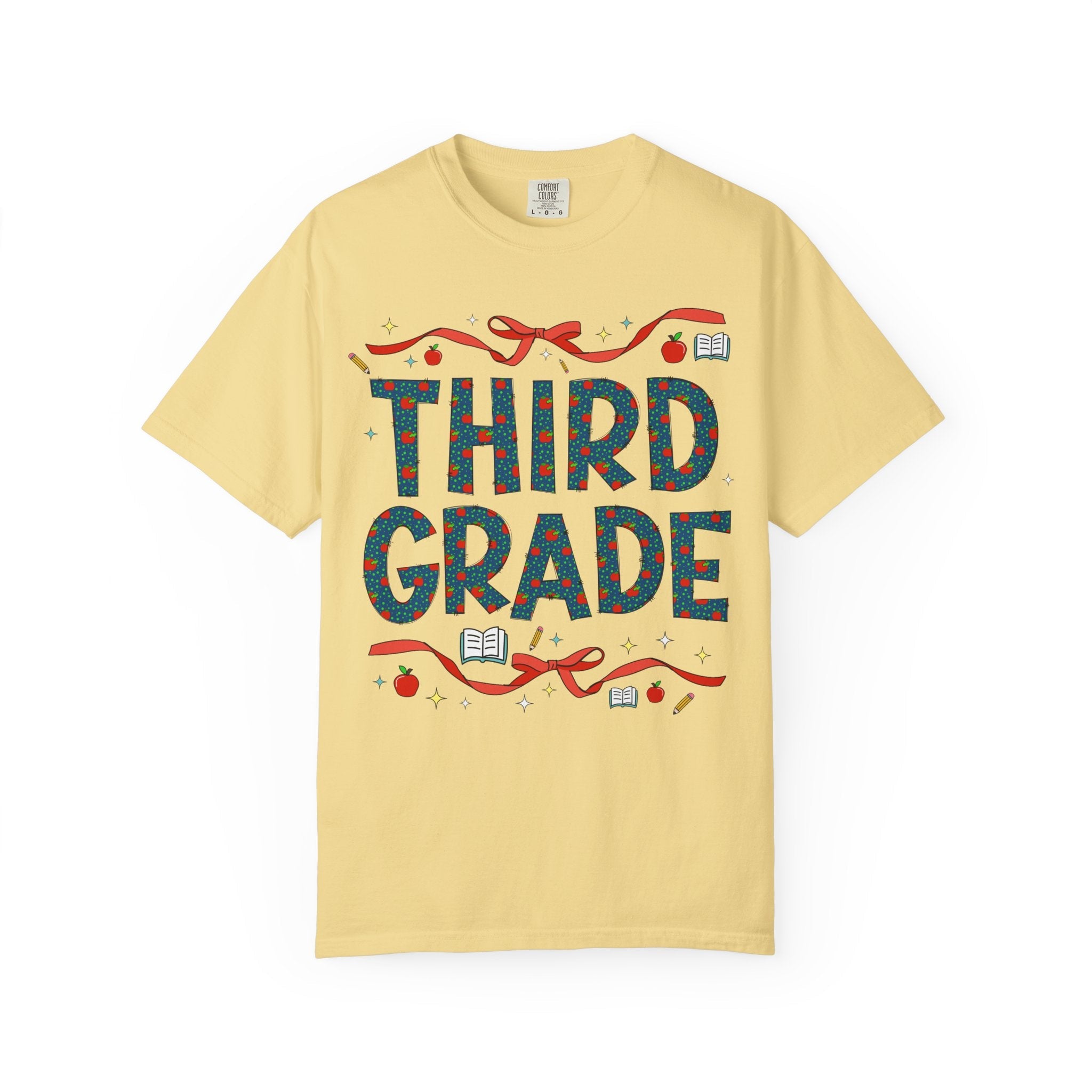 Third Grade Teacher Tee Shirt with Cute Bows and Retro Apples, Teacher Team T-Shirt for Back to School, First Day of School Matching Tee - Opal and June