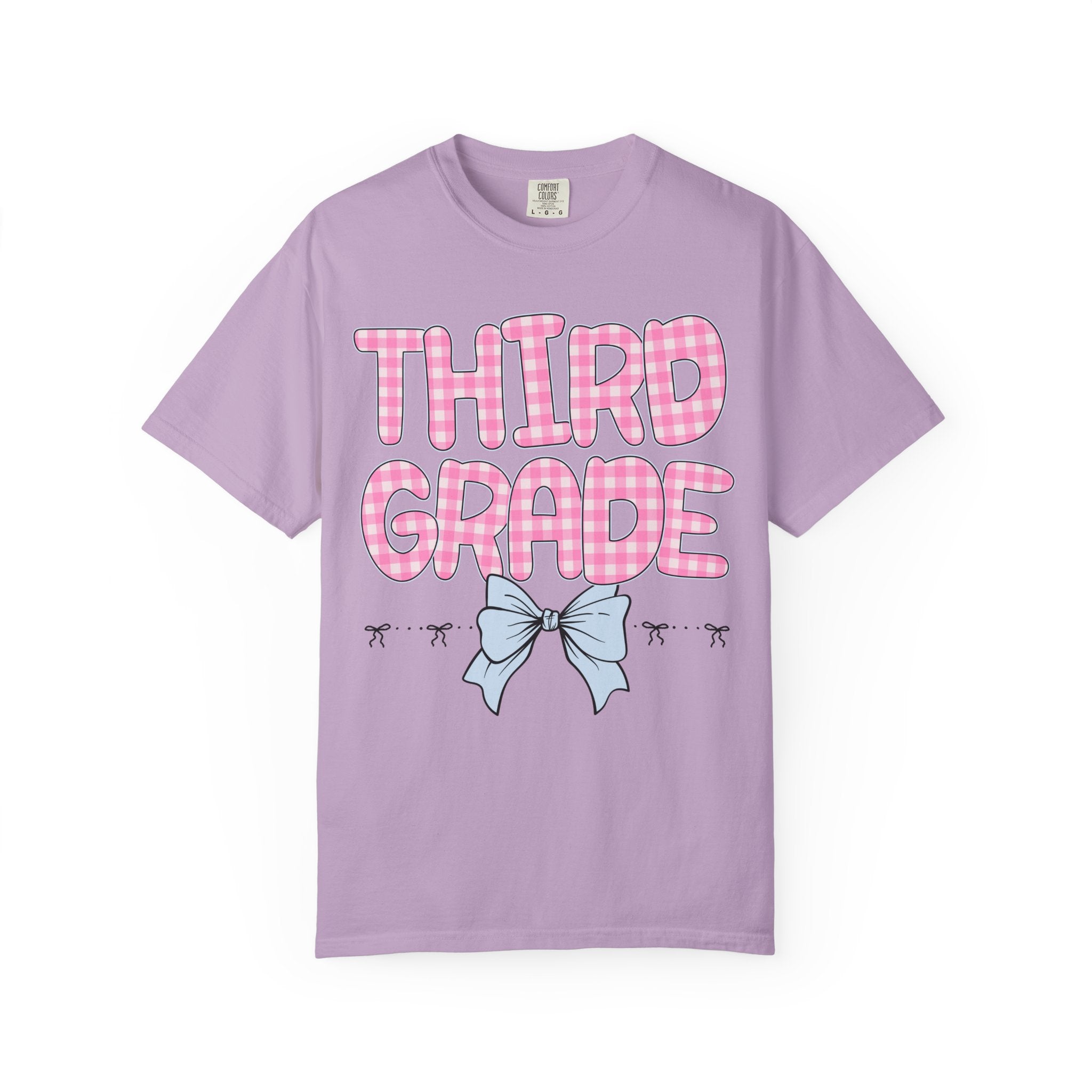 Third Grade Teacher Tee Shirt with Pink Gingham Letters, First Day of School, Back to School Matching Teacher Tee with Bow, Soft Girl Style - Opal and June