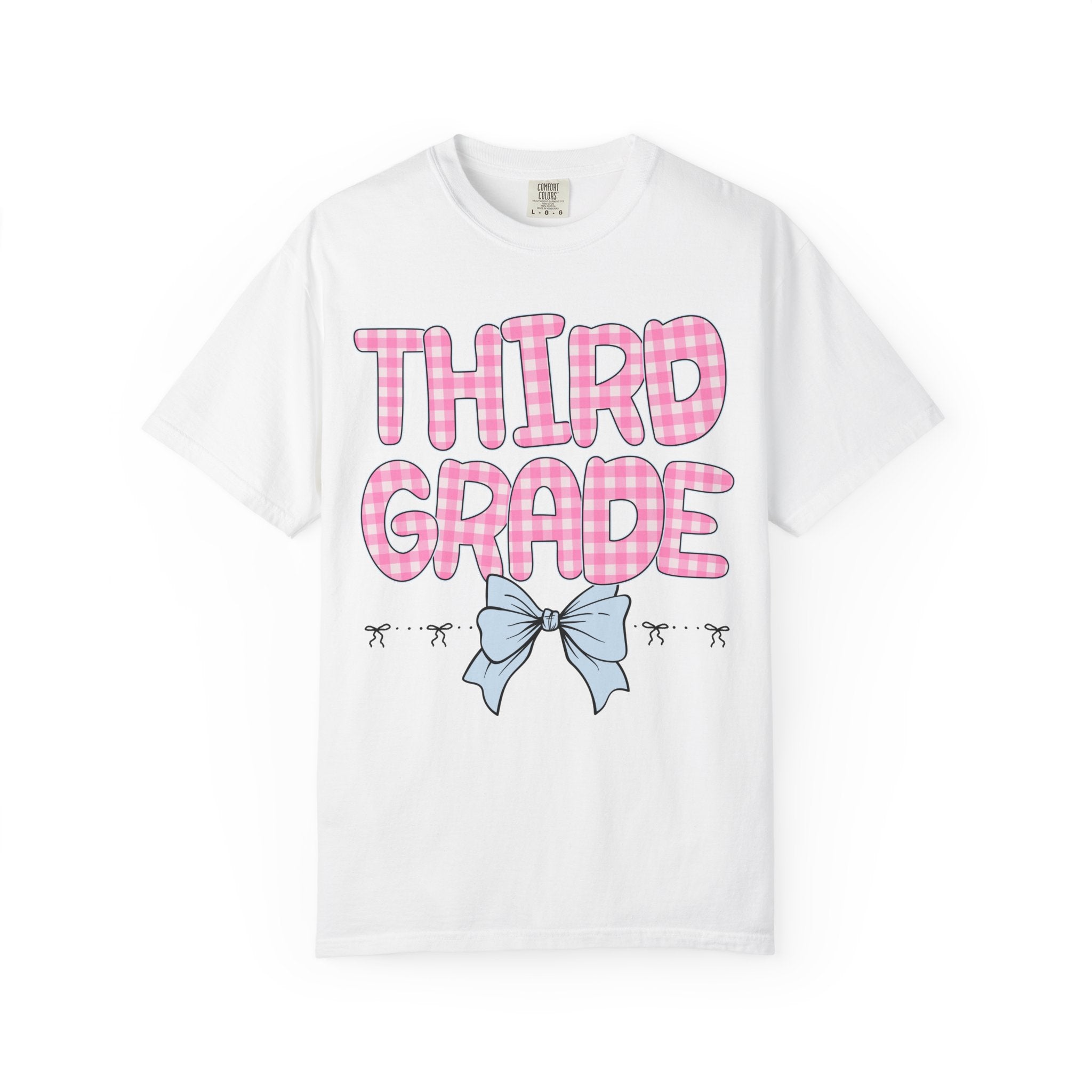 Third Grade Teacher Tee Shirt with Pink Gingham Letters, First Day of School, Back to School Matching Teacher Tee with Bow, Soft Girl Style - Opal and June