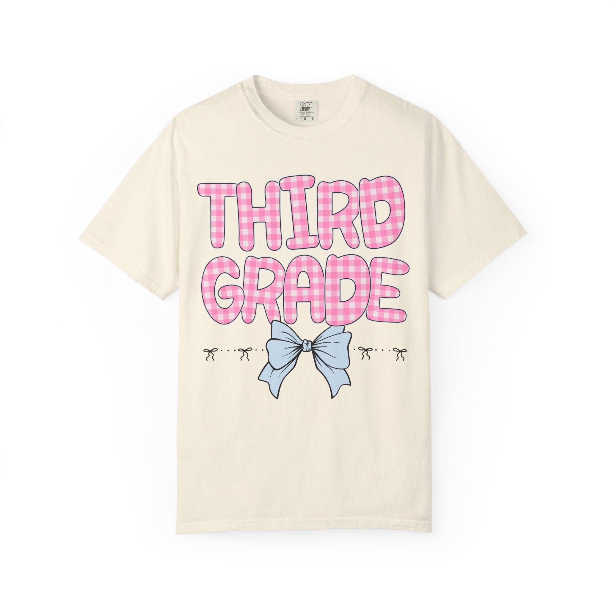 Third Grade Teacher Tee Shirt with Pink Gingham Letters, First Day of School, Back to School Matching Teacher Tee with Bow, Soft Girl Style - Opal and June