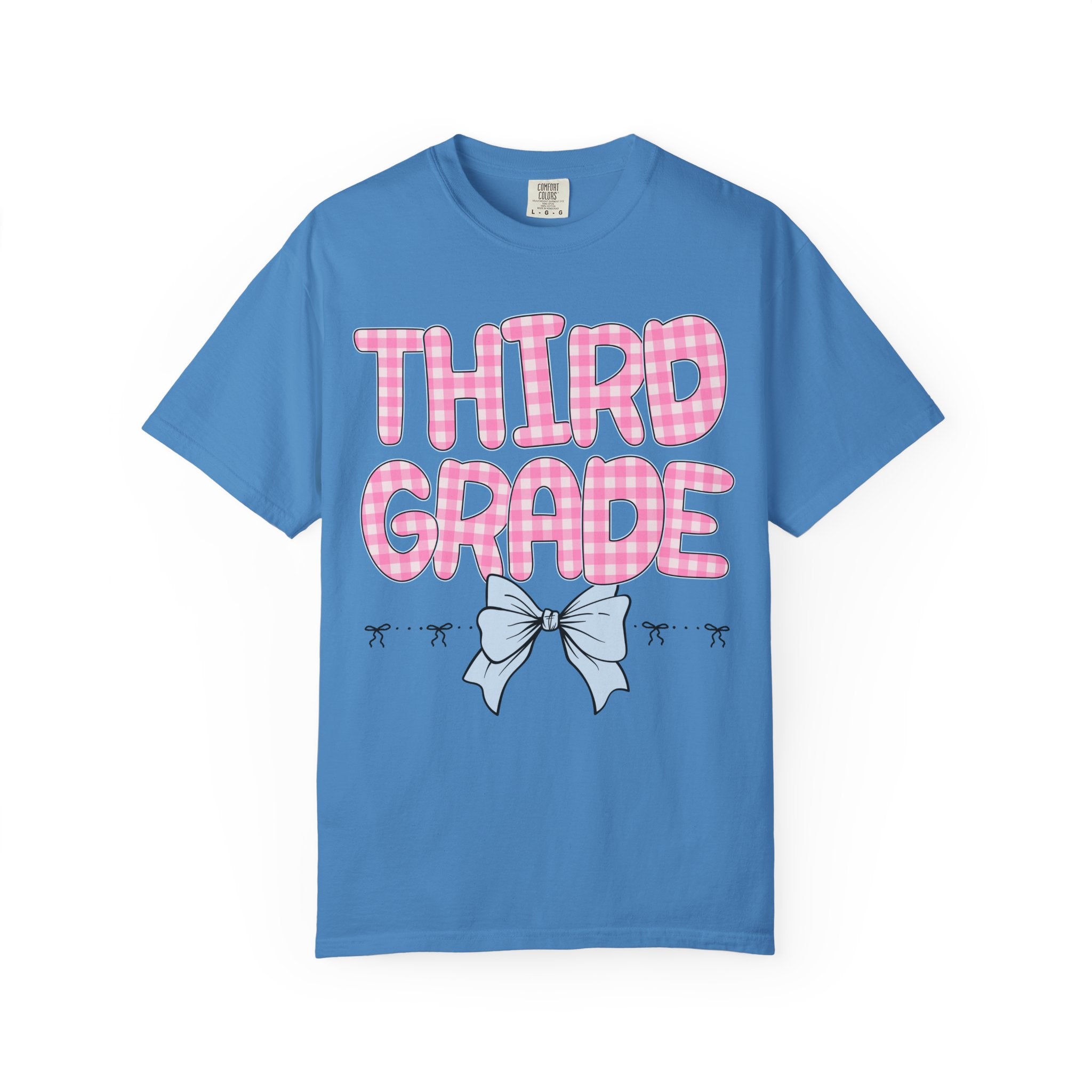 Third Grade Teacher Tee Shirt with Pink Gingham Letters, First Day of School, Back to School Matching Teacher Tee with Bow, Soft Girl Style - Opal and June