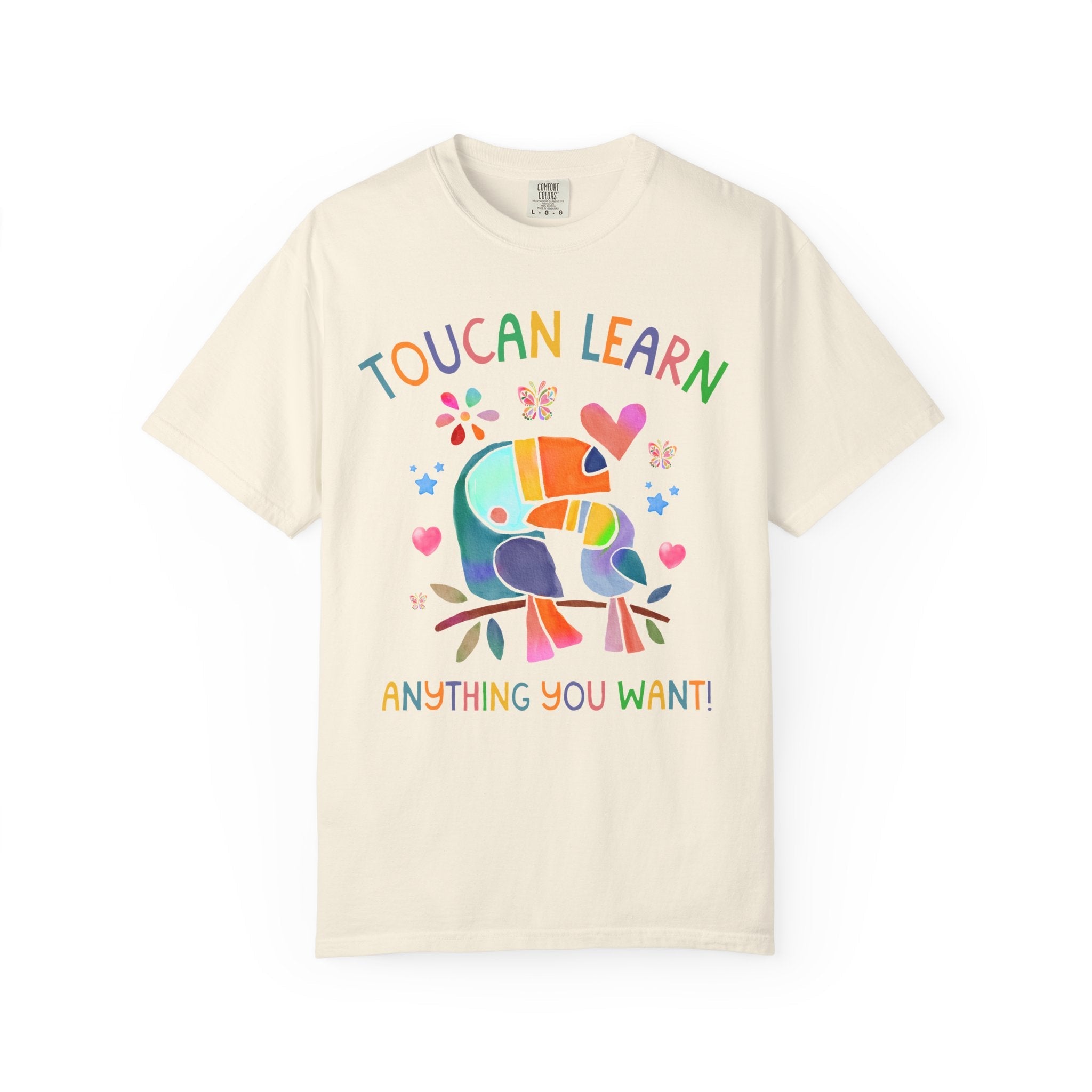 Toucan Learn Anything You Want Tee Shirt for Teacher Who Loves Birds, Colorful 90s Aesthetic T-Shirt with Hearts and Flowers, Back to School - Opal and June