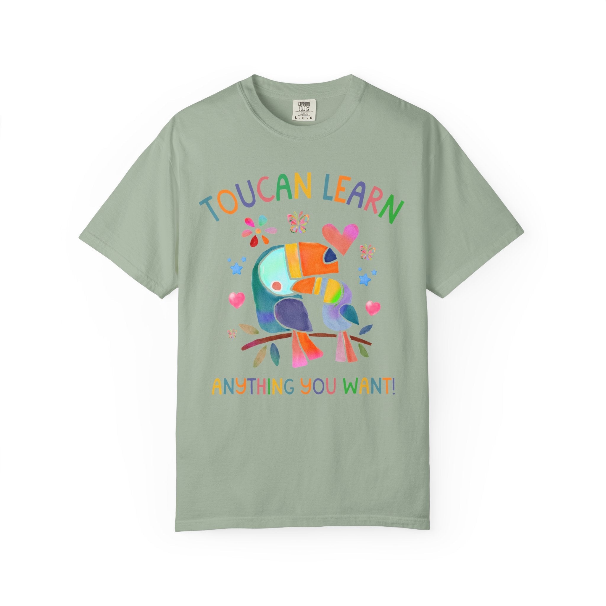 Toucan Learn Anything You Want Tee Shirt for Teacher Who Loves Birds, Colorful 90s Aesthetic T-Shirt with Hearts and Flowers, Back to School - Opal and June