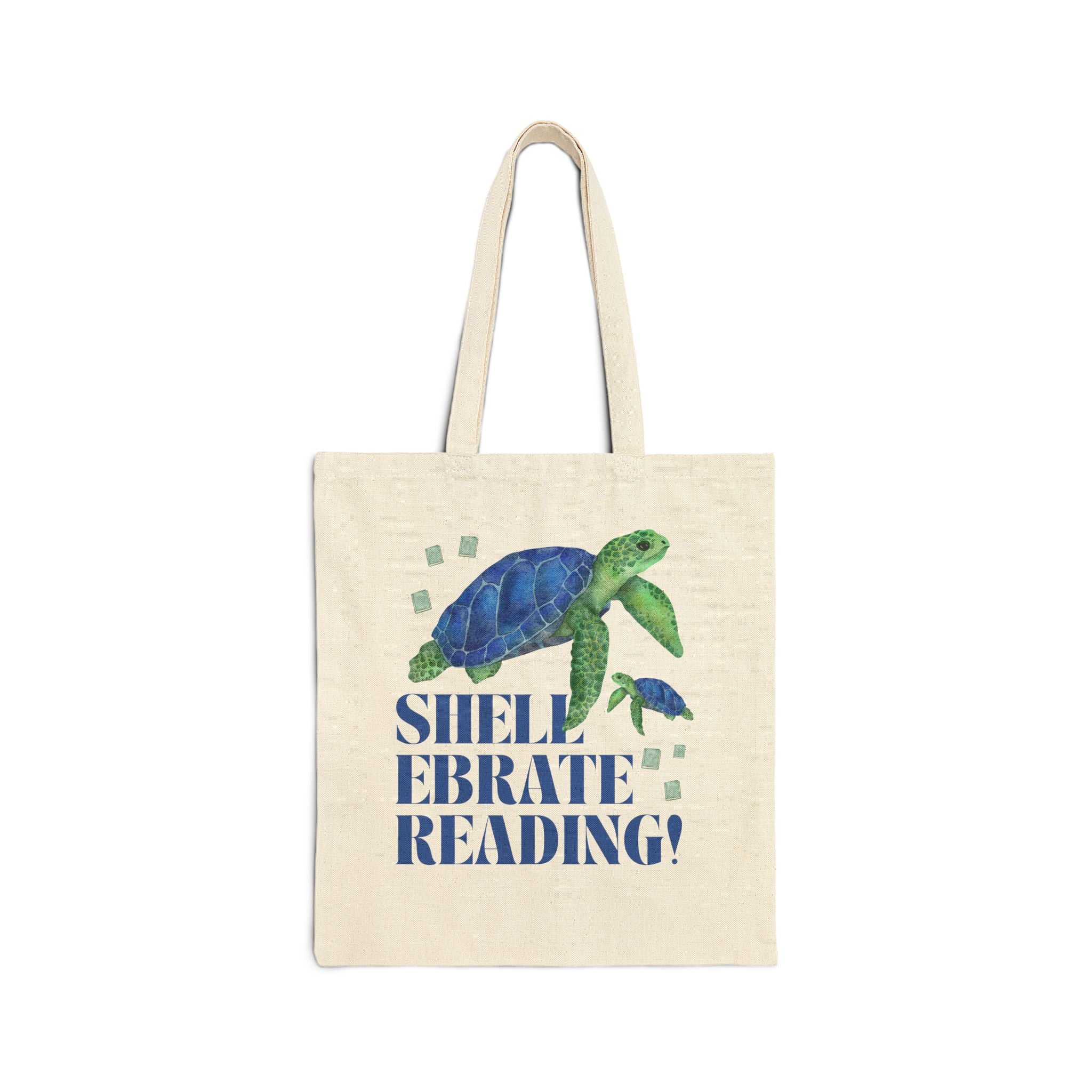 Turtle Reading Teacher Tote Bag for Elementary School Librarian, Second Grade Teacher: Shellebrate Reading! | Cute Animal Lover Bookish Tote - Opal and June