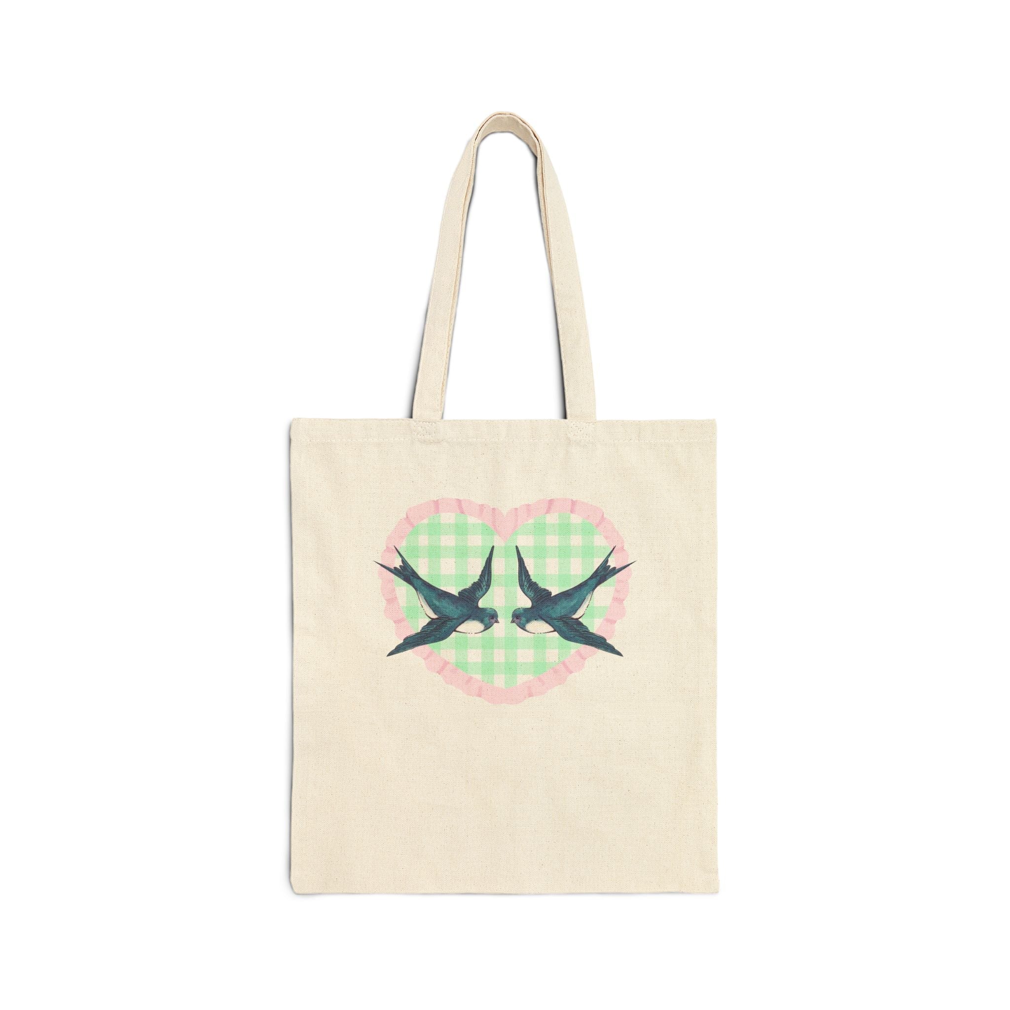 Two Birds on Gingham Heart Tote Bag - Opal and June