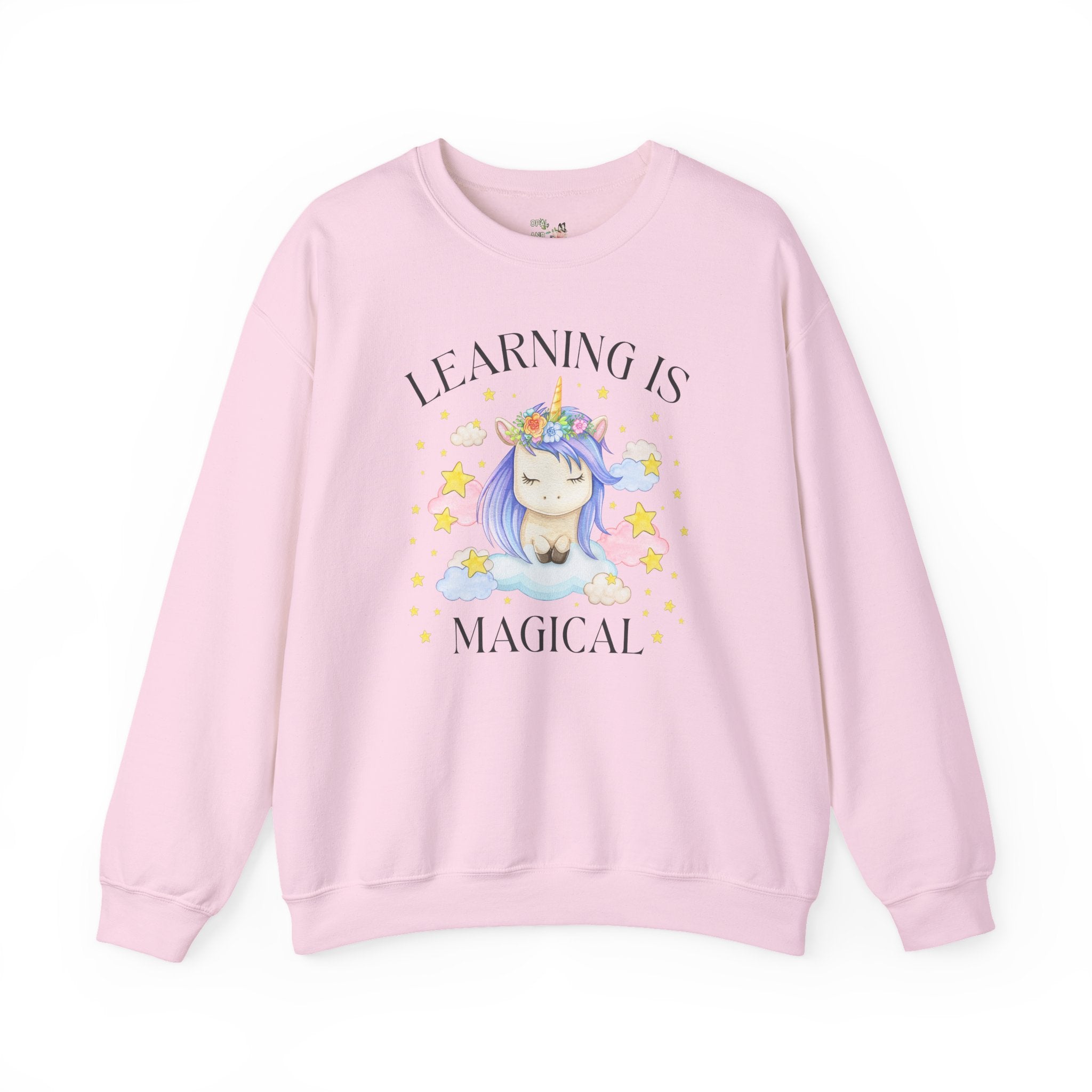 Unicorn Kindergarten Crew Sweatshirt: Learning is Magical, School Principal Shirt with Stars, 90s Aesthetic First Grade or 2nd Grade Teacher - Opal and June