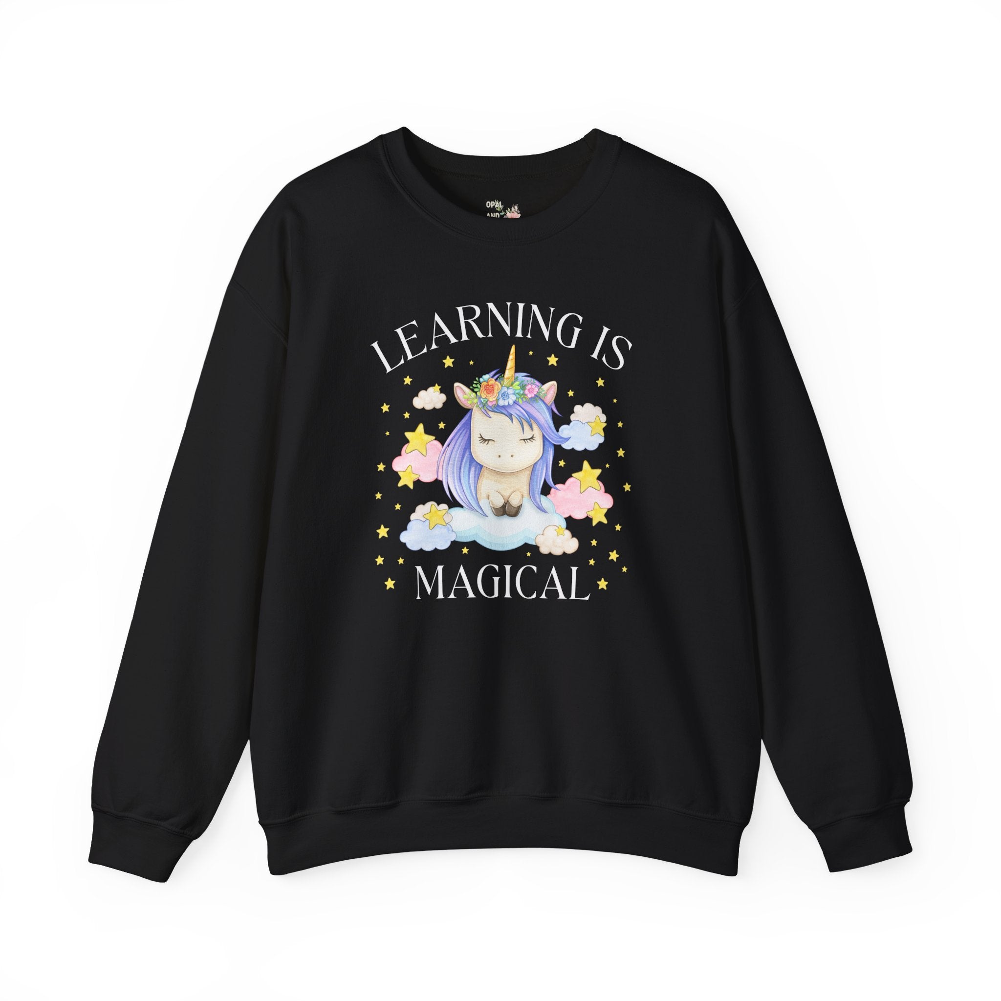 Unicorn Kindergarten Crew Sweatshirt: Learning is Magical, School Principal Shirt with Stars, 90s Aesthetic First Grade or 2nd Grade Teacher - Opal and June