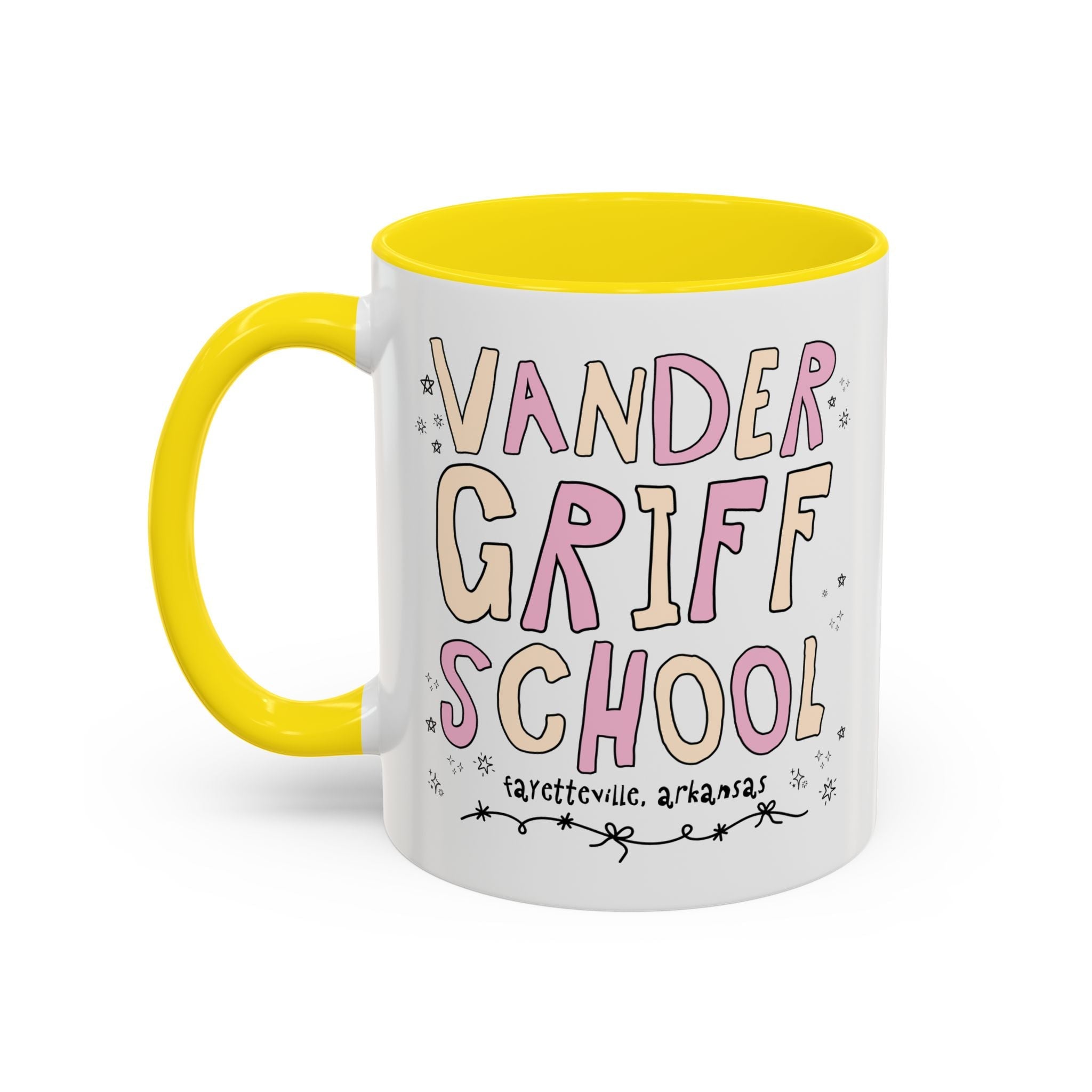 Vandergriff Elementary School 11 Oz Coffee Mug: Pink and Beige | FPS + Opal and June Coffee Mug, Fayetteville Public Schools - Opal and June