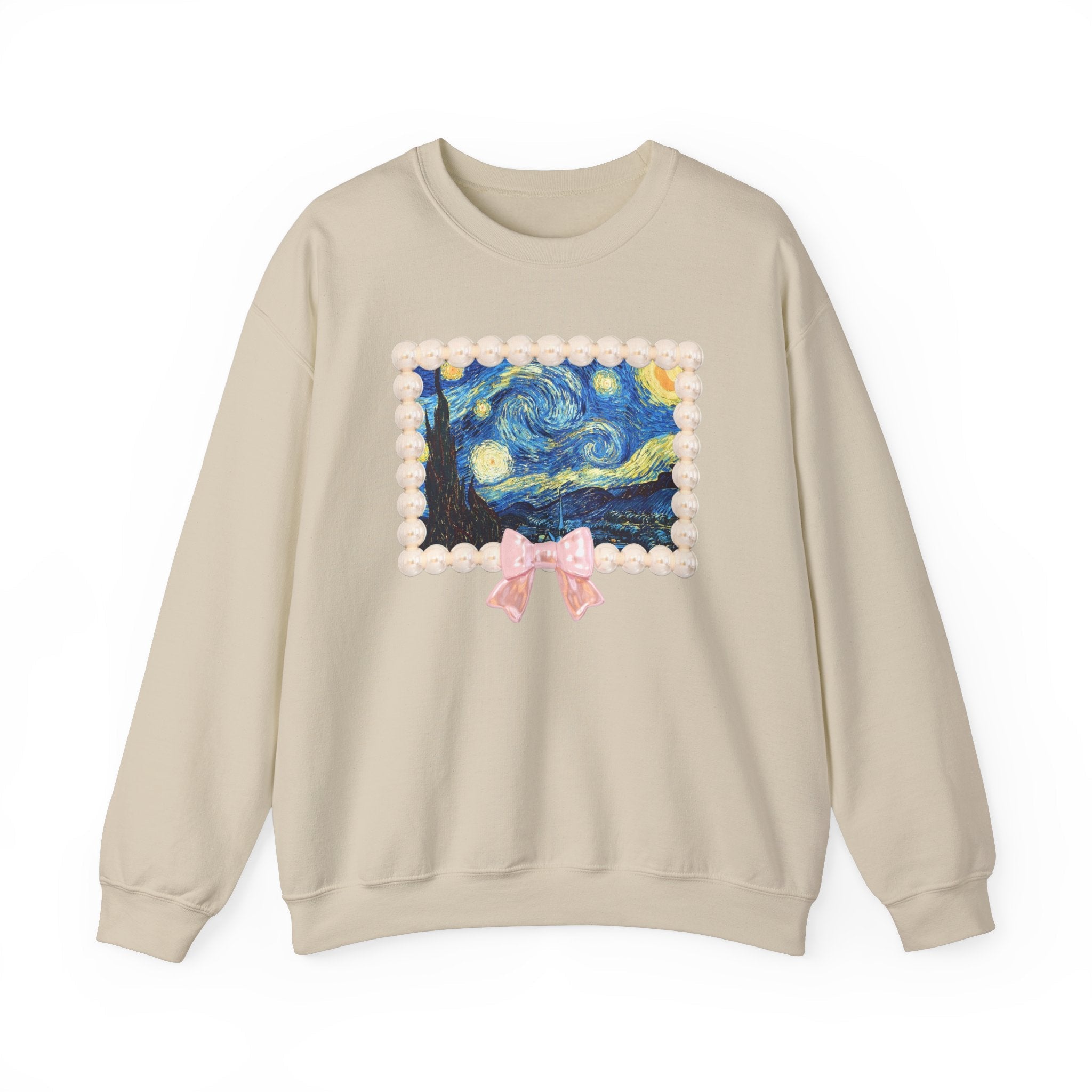 Vincent Van Gogh The Starry Night in Cute Pearl Frame with Coquette Bow, 19th Century European Post Impressionist Artist Sweatshirt for Her - Opal and June