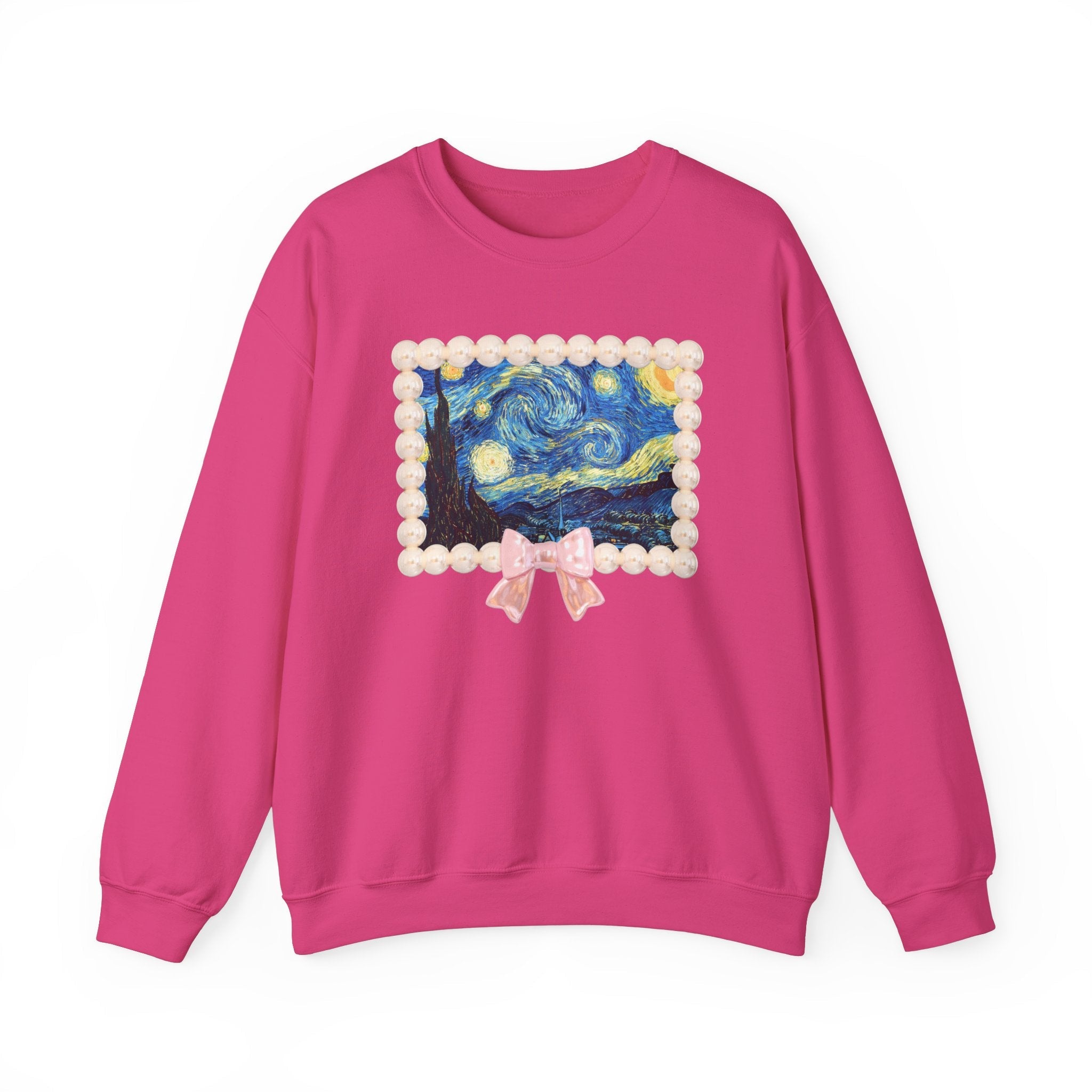 Vincent Van Gogh The Starry Night in Cute Pearl Frame with Coquette Bow, 19th Century European Post Impressionist Artist Sweatshirt for Her - Opal and June