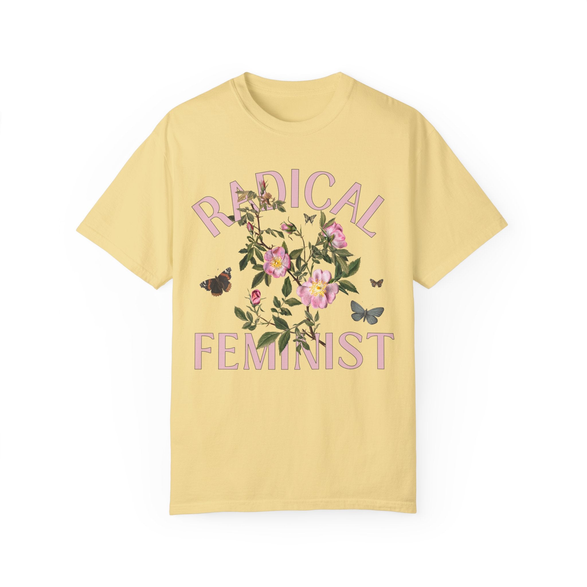 Vintage Aesthetic Shirt with Butterflies: Radical Feminist | Kitschy Eclectic Tee in Jewel Tones, Shirt for Radical Leftist, Retro Flowers - Opal and June