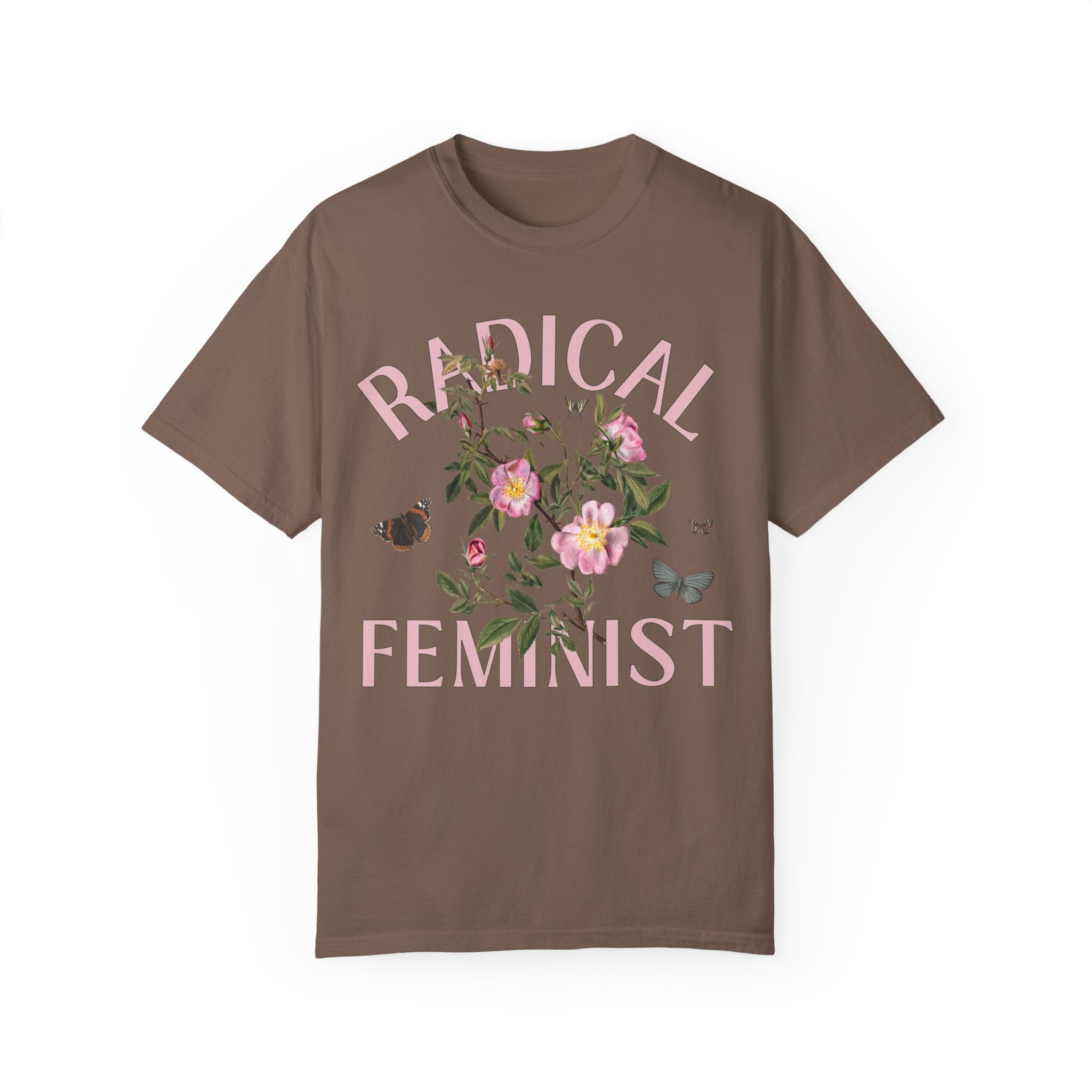 Vintage Aesthetic Shirt with Butterflies: Radical Feminist | Kitschy Eclectic Tee in Jewel Tones, Shirt for Radical Leftist, Retro Flowers - Opal and June
