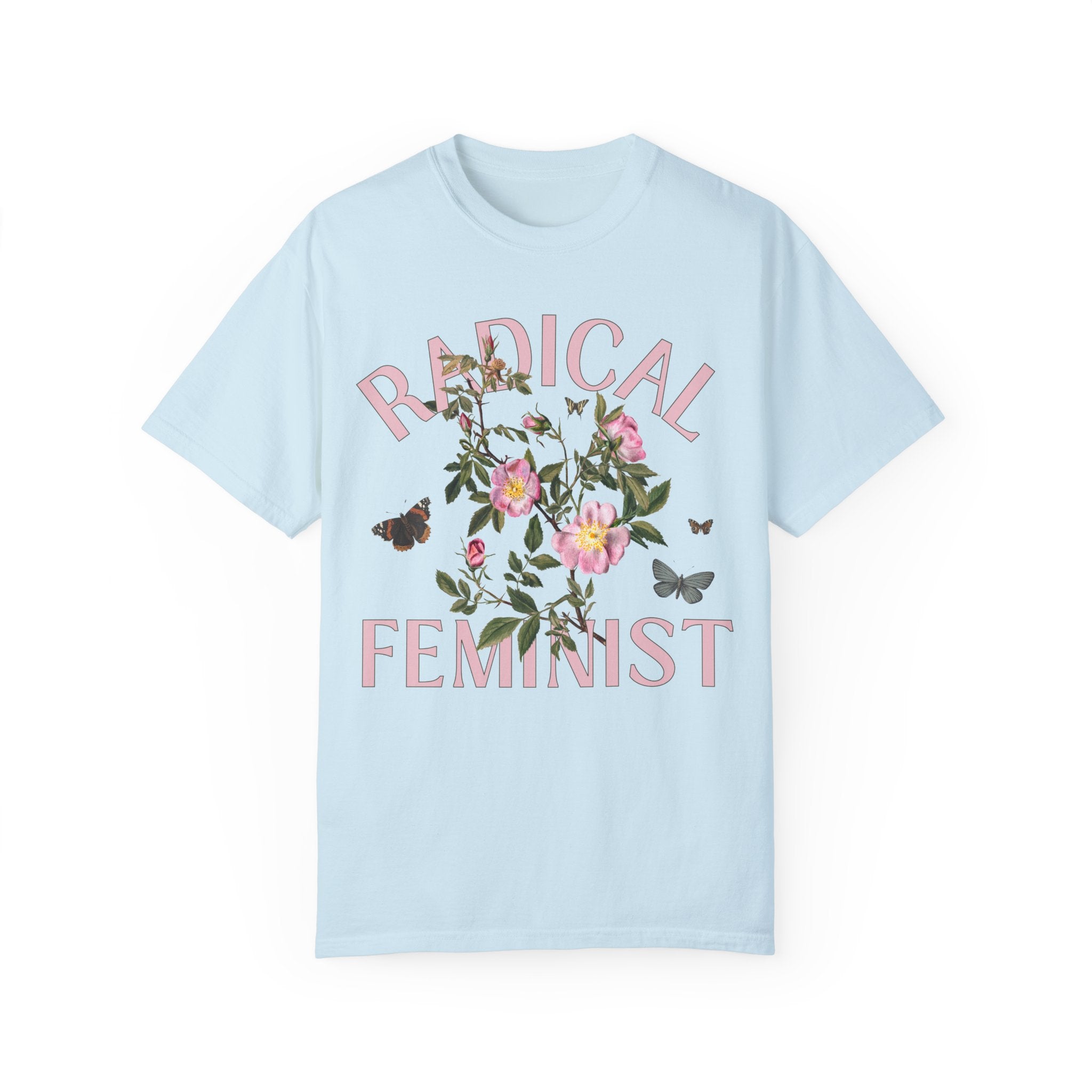 Vintage Aesthetic Shirt with Butterflies: Radical Feminist | Kitschy Eclectic Tee in Jewel Tones, Shirt for Radical Leftist, Retro Flowers - Opal and June