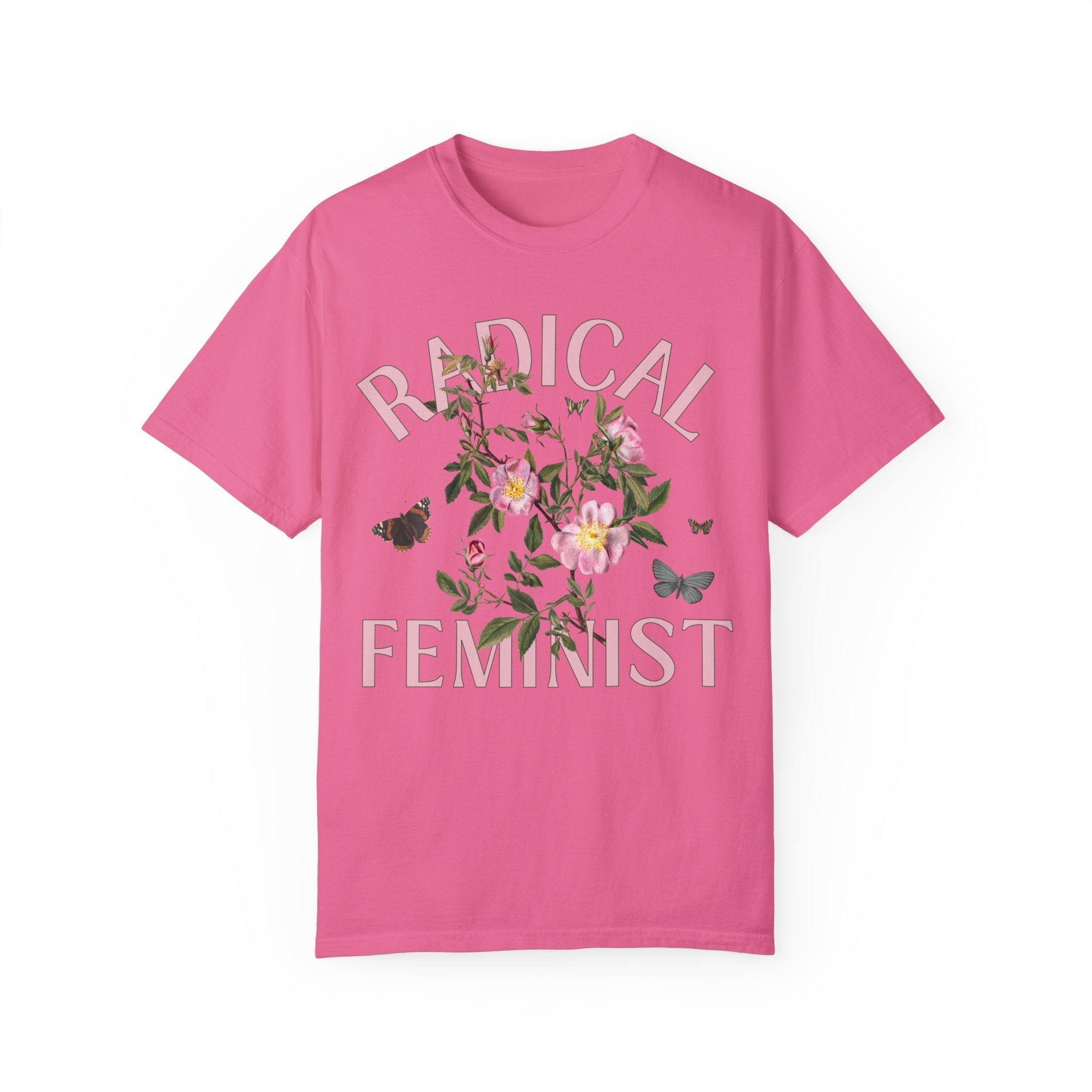 Vintage Aesthetic Shirt with Butterflies: Radical Feminist | Kitschy Eclectic Tee in Jewel Tones, Shirt for Radical Leftist, Retro Flowers - Opal and June
