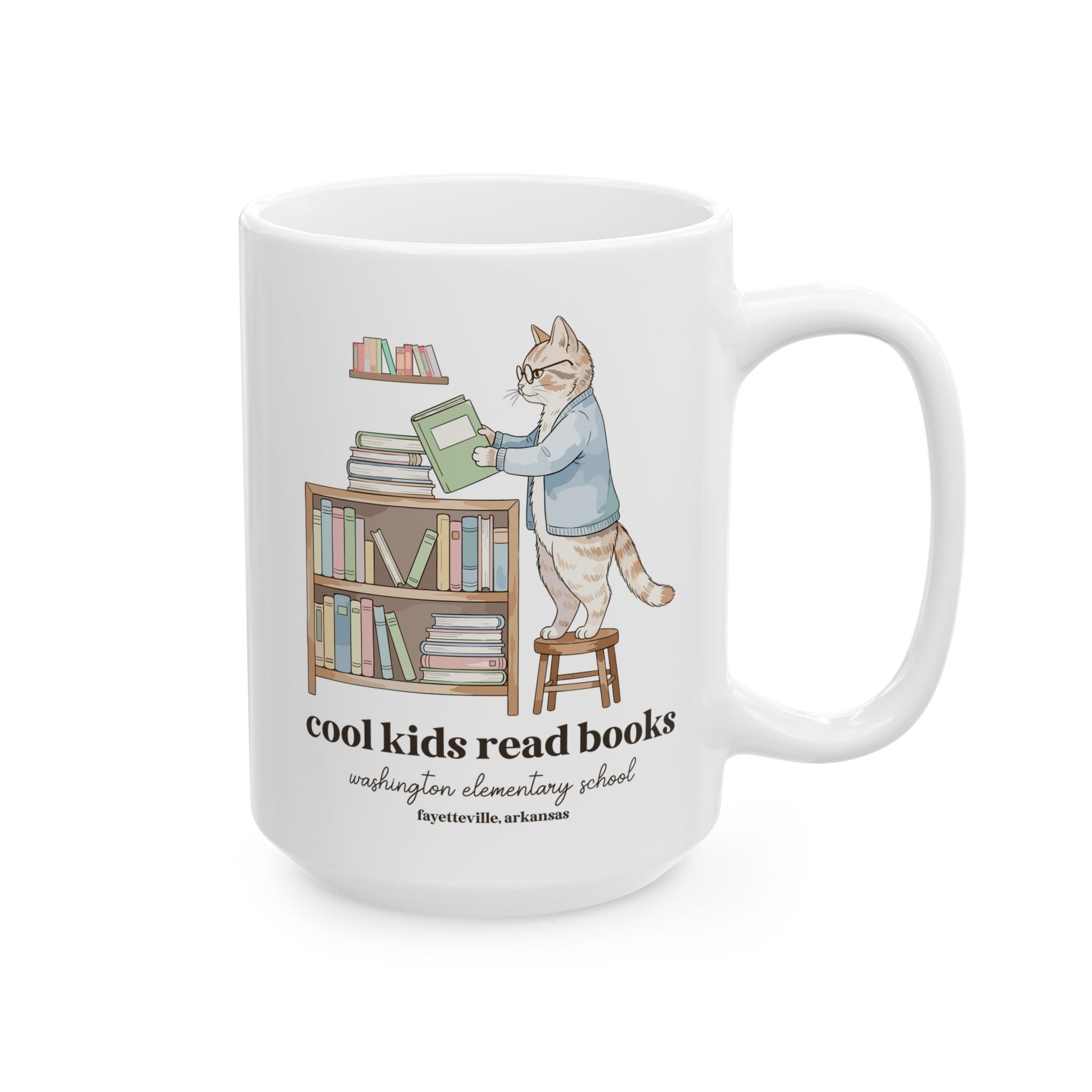Washington Elementary School Coffee Mug: Cool Kids Read Books | FPS + Opal and June 15 Oz Coffee Mug, Fayetteville Public Schools - Opal and June