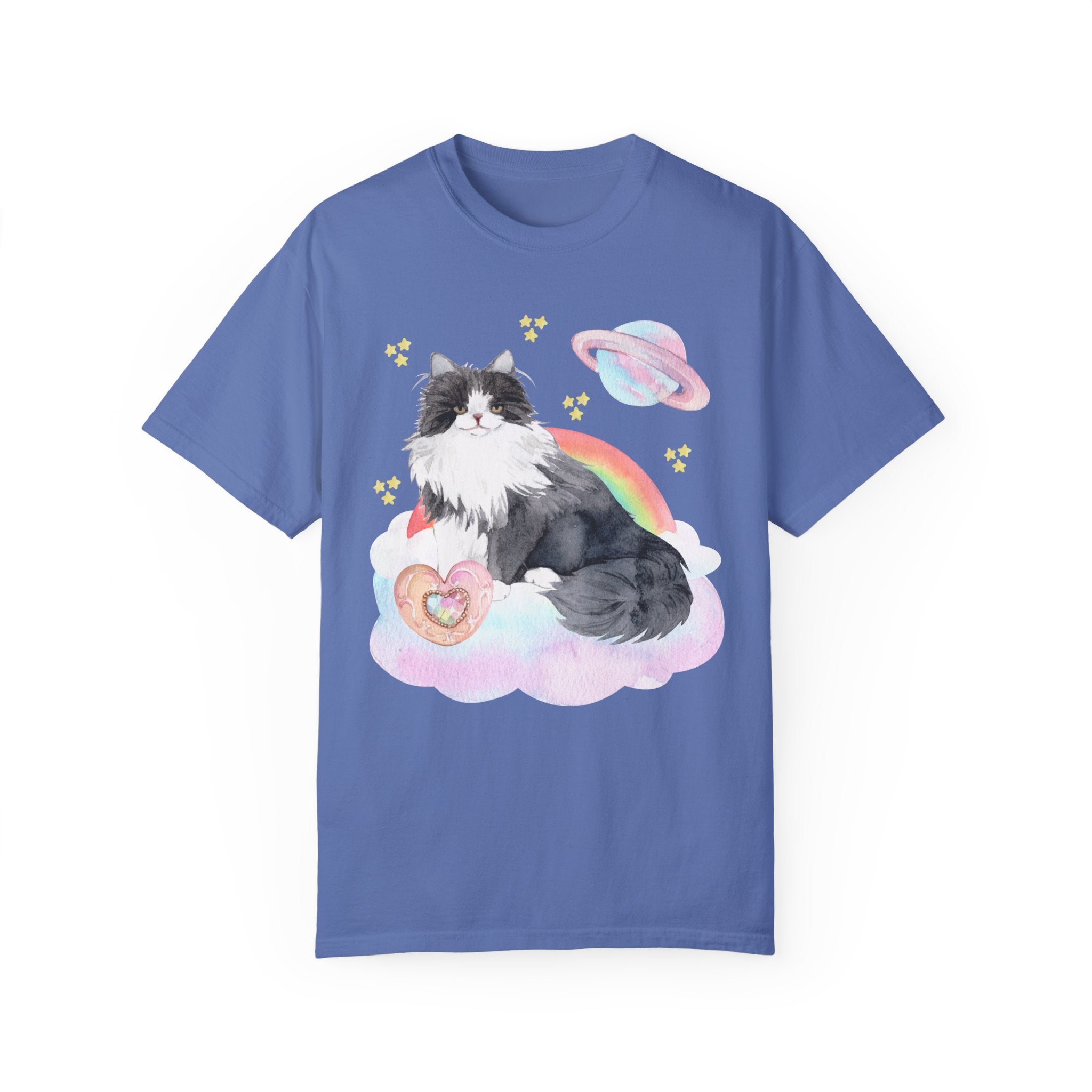 Watercolor Space Cat Tee Shirt: 90s Throwback Tee with Rainbow and Mystical Details | Kitschy Maximalist Style Shirt for Nostalgic Cat Mom - Opal and June
