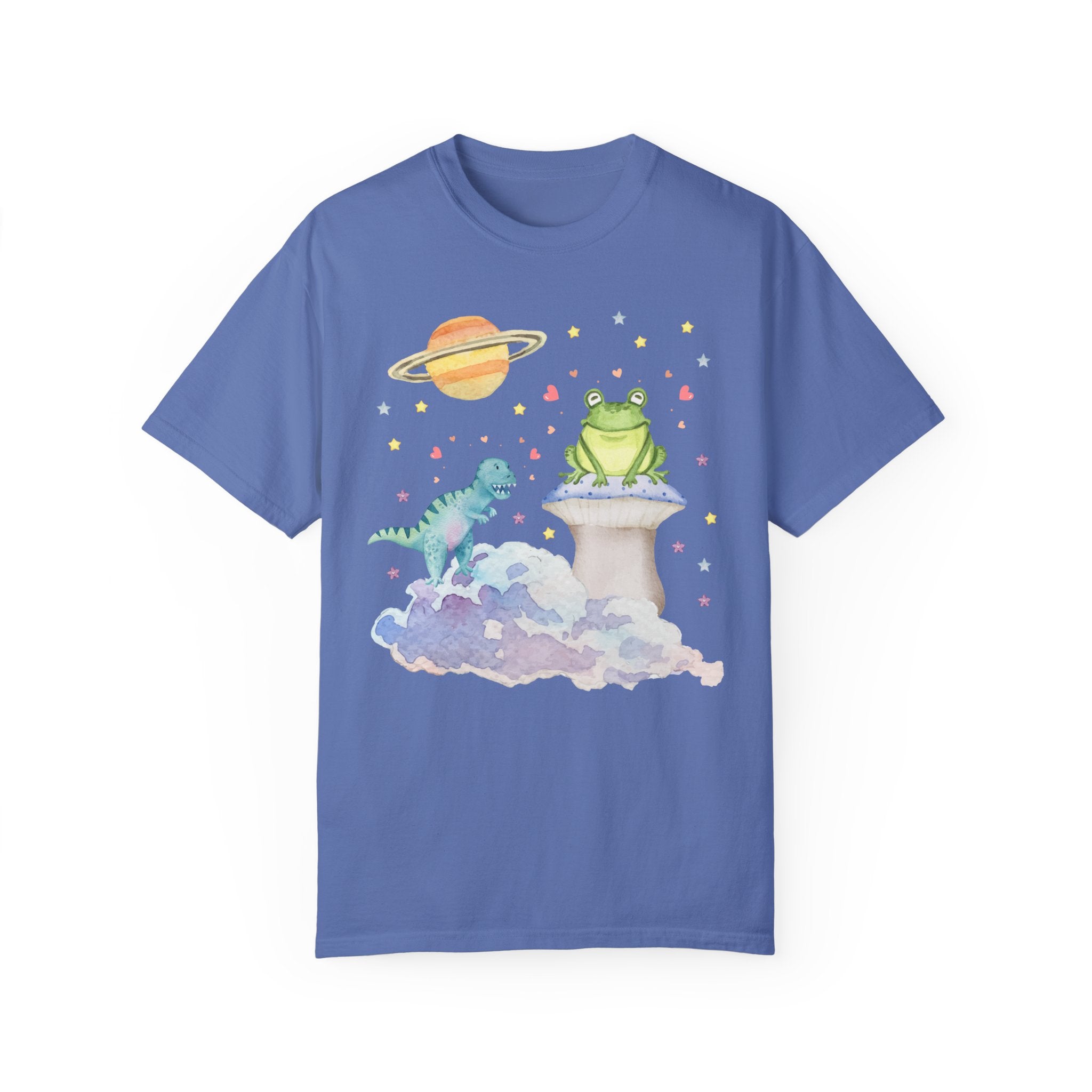 Pastel Goth Weirdcore Space Tee with Dinosaur and Frog in Flo Blue, Cute Mystical Vibe Animal Lover T-Shirt, 90s Throwback Shirt with Stars, Dinosaur Gift