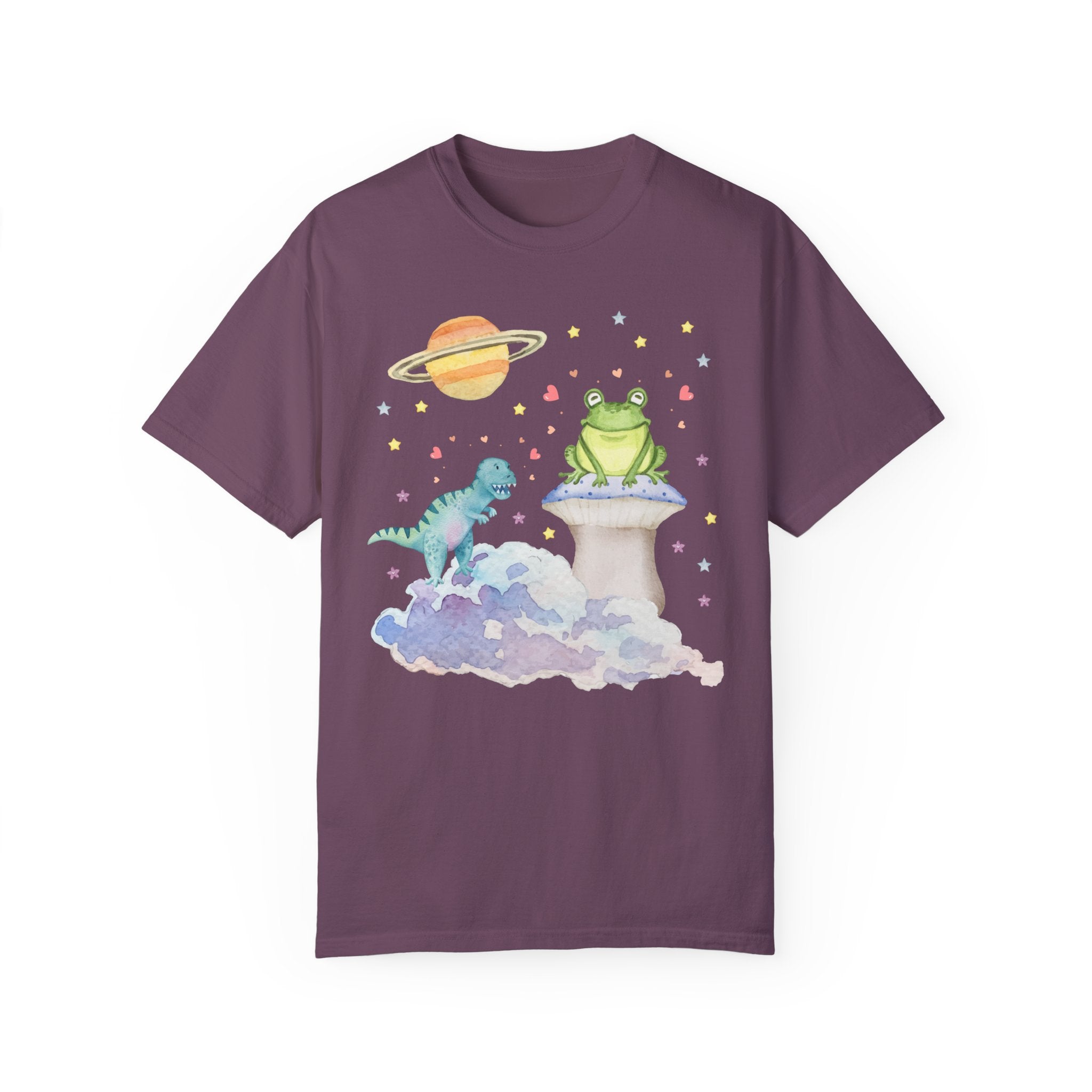 Weirdcore Space T-Shirt with Retro Dinosaur and Frog in Berry, Pastel Goth Mystical 90s Style Silly Tee, Starry Aesthetic, Cute Pastel Color Tee