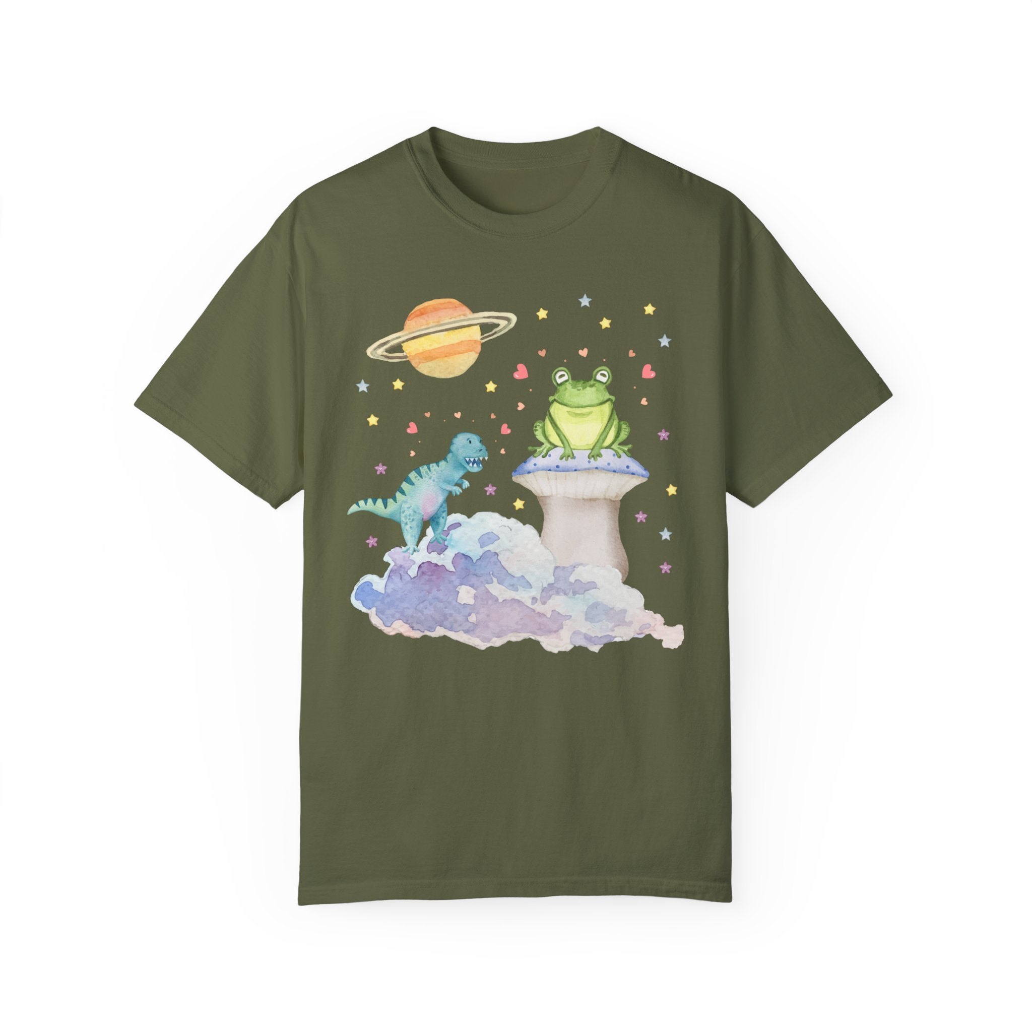 Pastel Goth Weirdcore Space Tee with Dinosaur and Frog in Olive Green, Cute Mystical Vibe Animal Lover T-Shirt, 90s Throwback Shirt with Stars, Dinosaur Gift