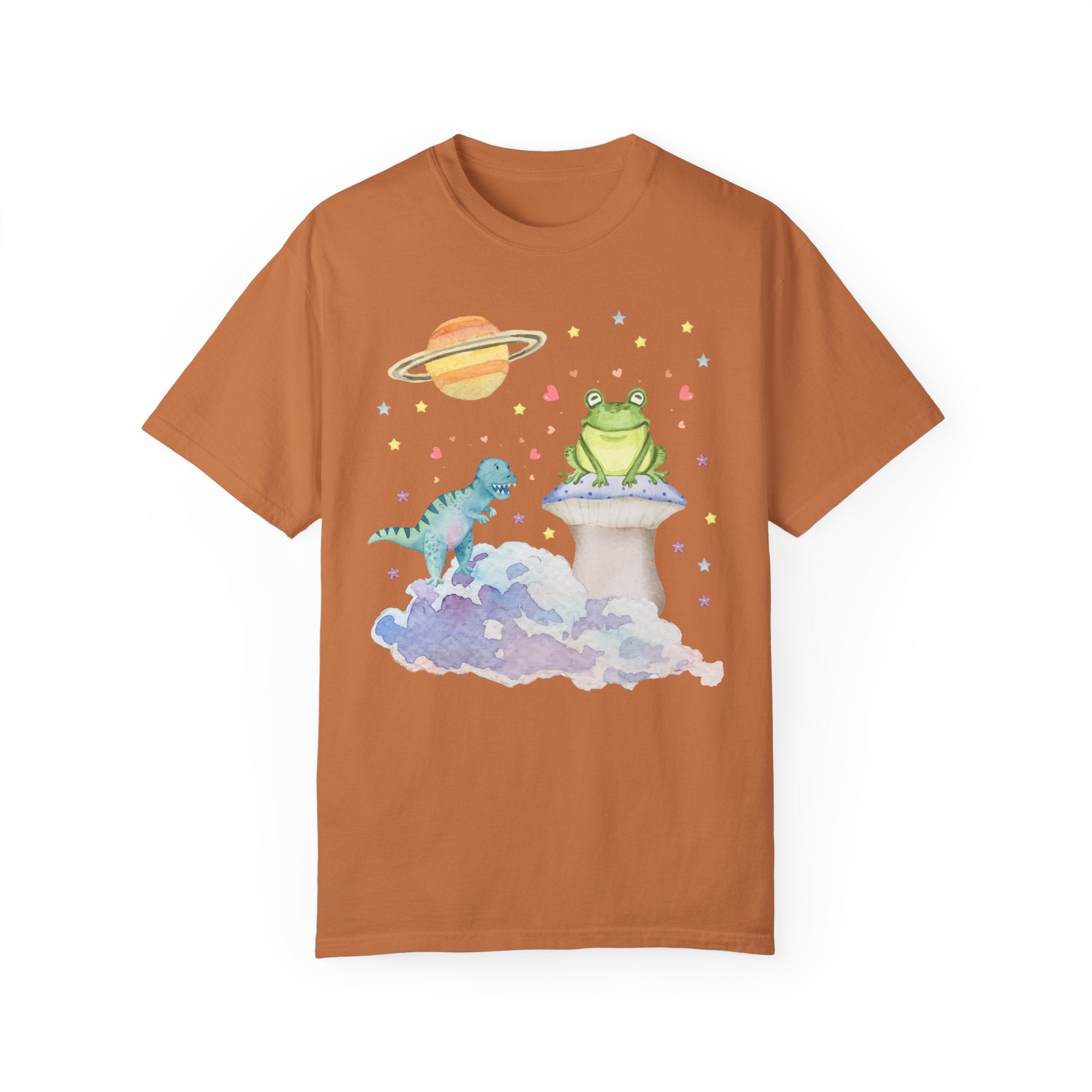 Cute Weirdcore Pastel Goth Shirt with Dinosaur and Frog in Orange: 90s Throwback, Space T-Shirt, Animal Lover Tee with Stars, Pastel Goth Dinosaur Gift