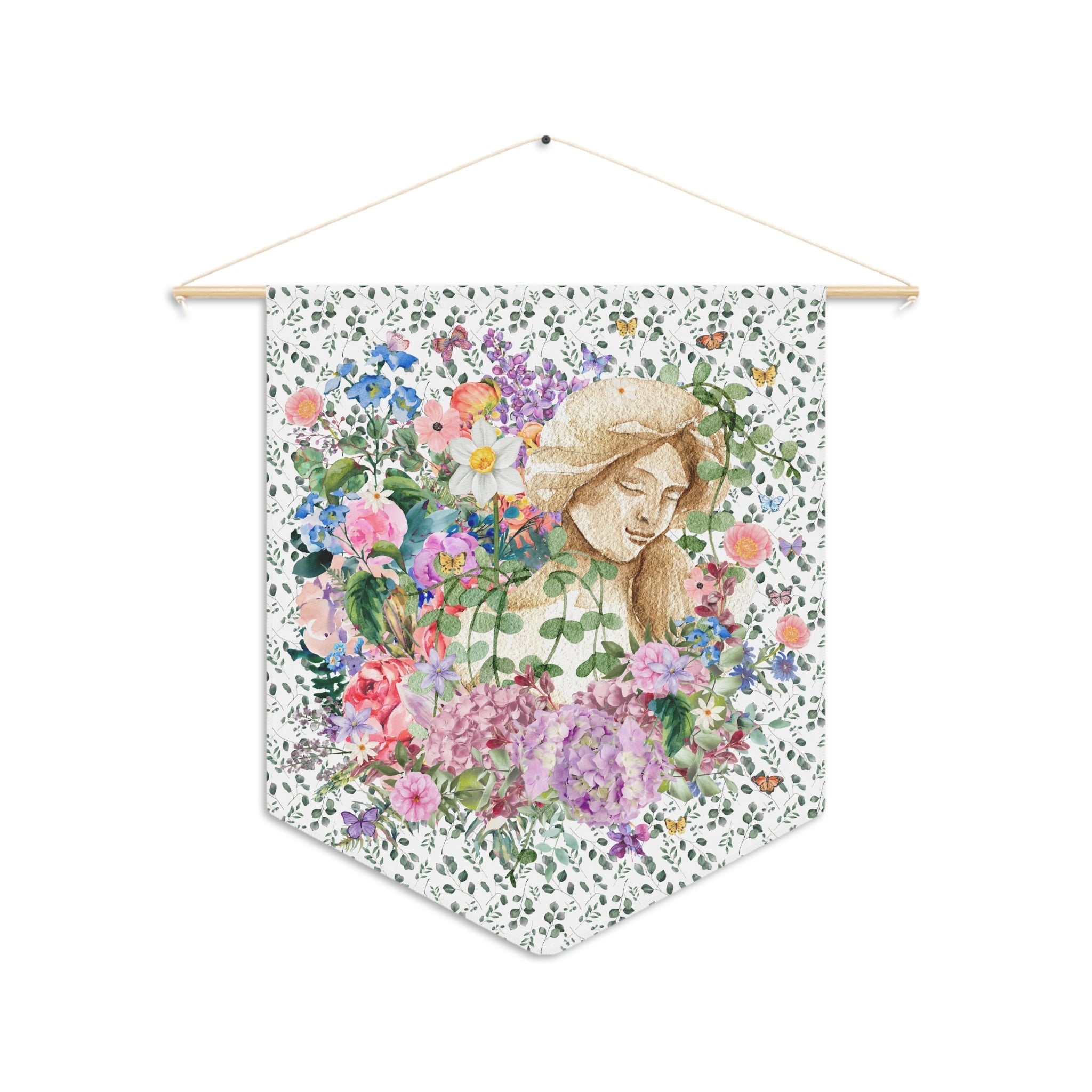 Whimsigoth Art History Wall Decor with Floral Statue: Cottagecore Vintage Botanical Wall Pennant - Opal and June