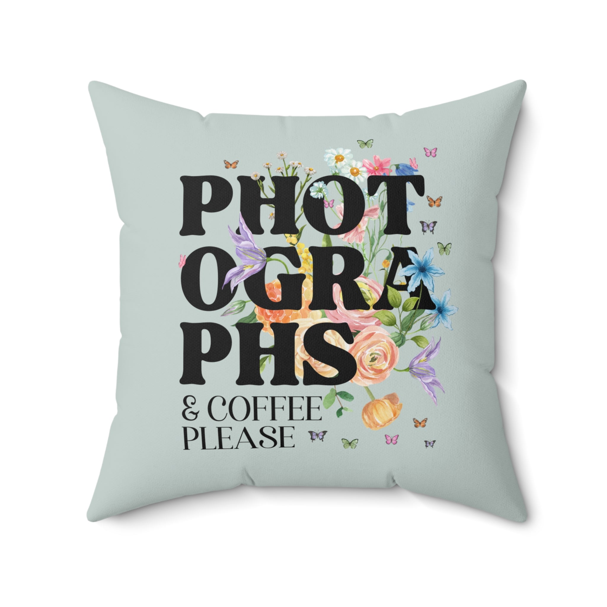 Whimsigoth Photographer Pillow for Photography Office or Studio: Photographs and Coffee, Floral Cottagecore Decor with Boho Butterflies - Opal and June