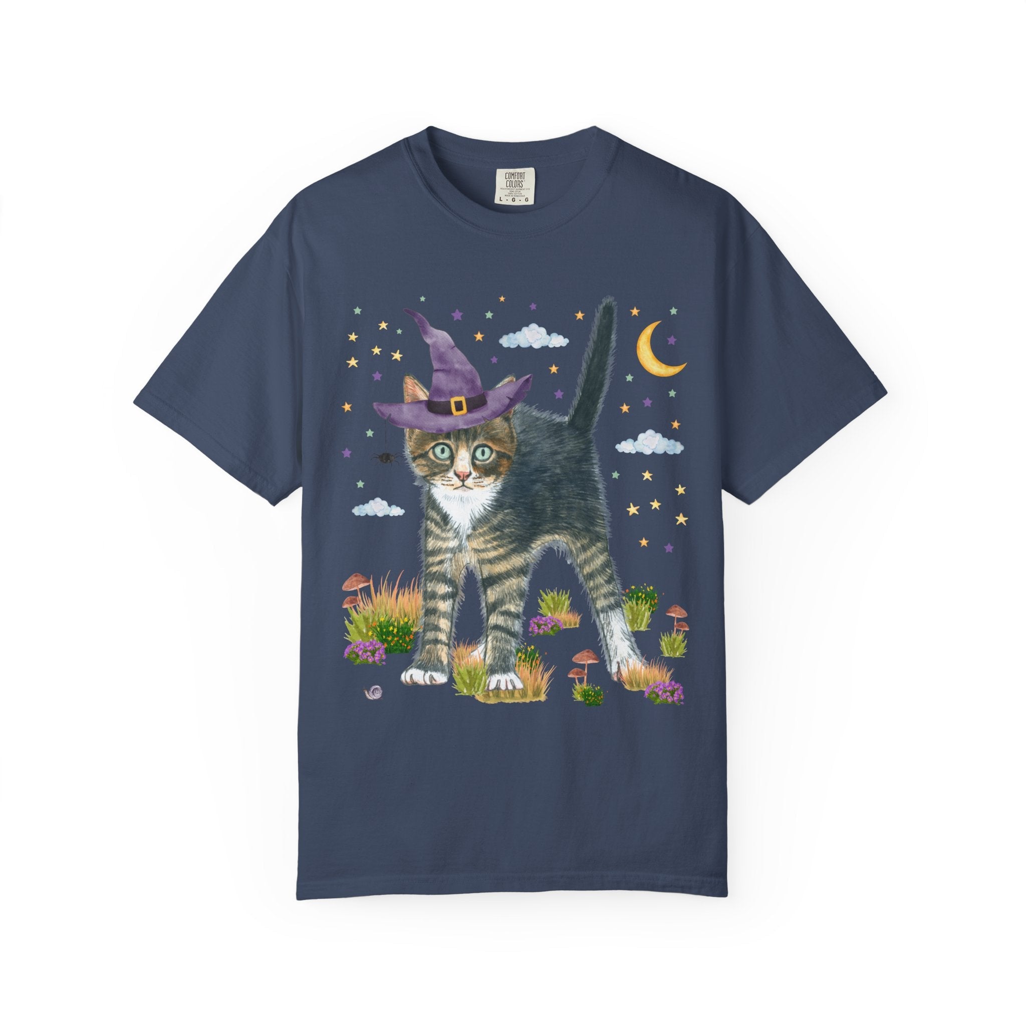 Witchy Halloween Kitten Tee Shirt with Pumpkins and Bats: 90s Aesthetic Goblincore Cat Mom or Cat Dad Tee, Spooky Season, Animal Lover Tee - Opal and June