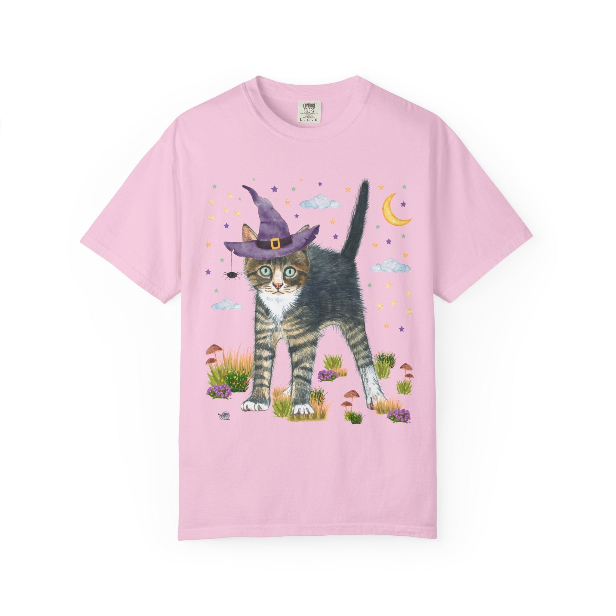 Witchy Halloween Kitten Tee Shirt with Pumpkins and Bats: 90s Aesthetic Goblincore Cat Mom or Cat Dad Tee, Spooky Season, Animal Lover Tee - Opal and June